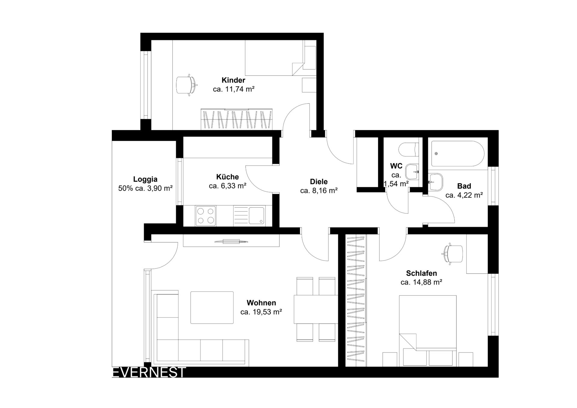 Grundriss einer Wohnung mit Wohnzimmer, Schlafzimmer, Kinderzimmer, Küche, Bad, WC und Loggia.