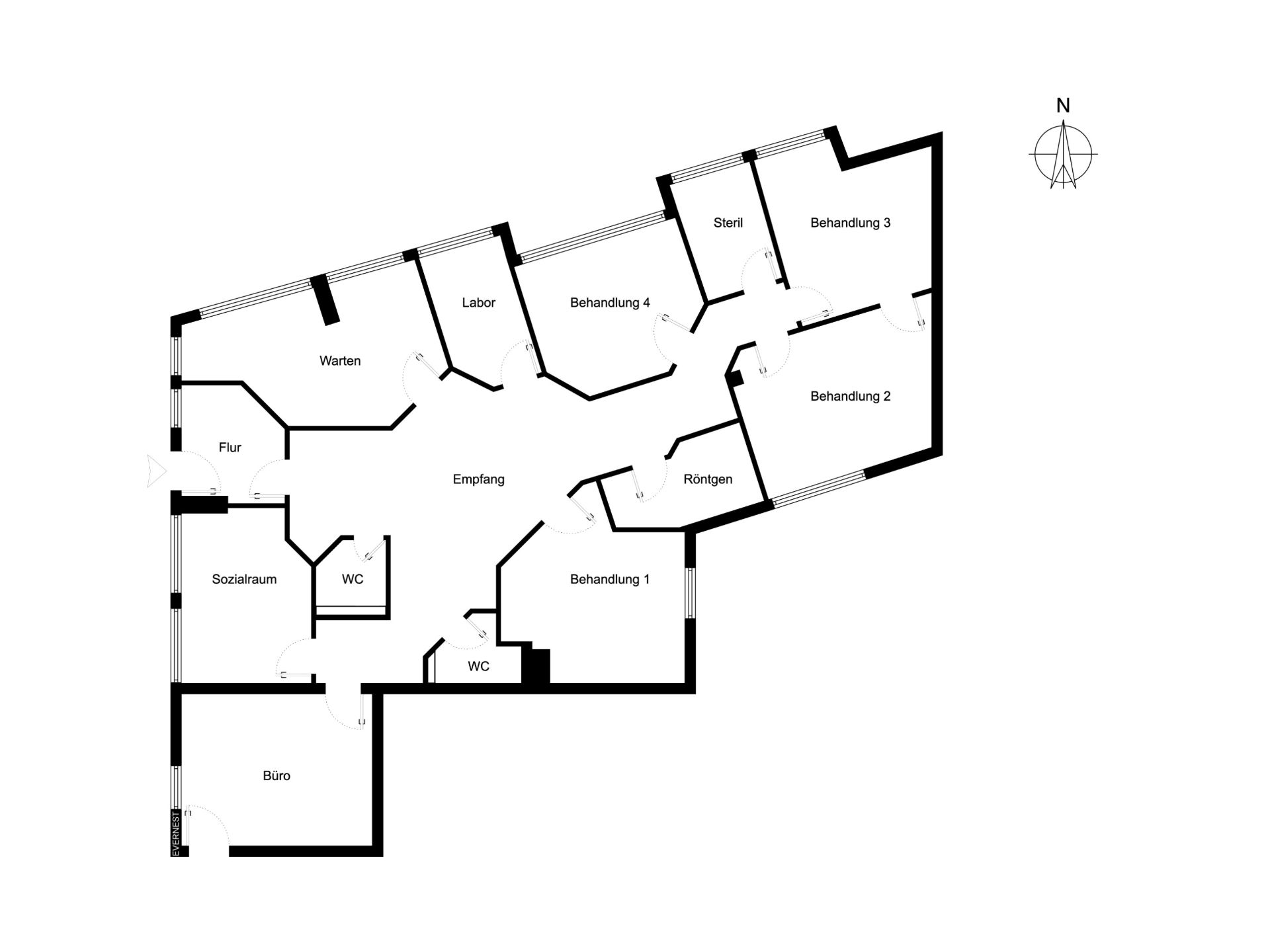 Grundriss mit mehreren Räumen, darunter Wartebereich, Empfang, Büro, Sozialraum und Behandlungsräume.