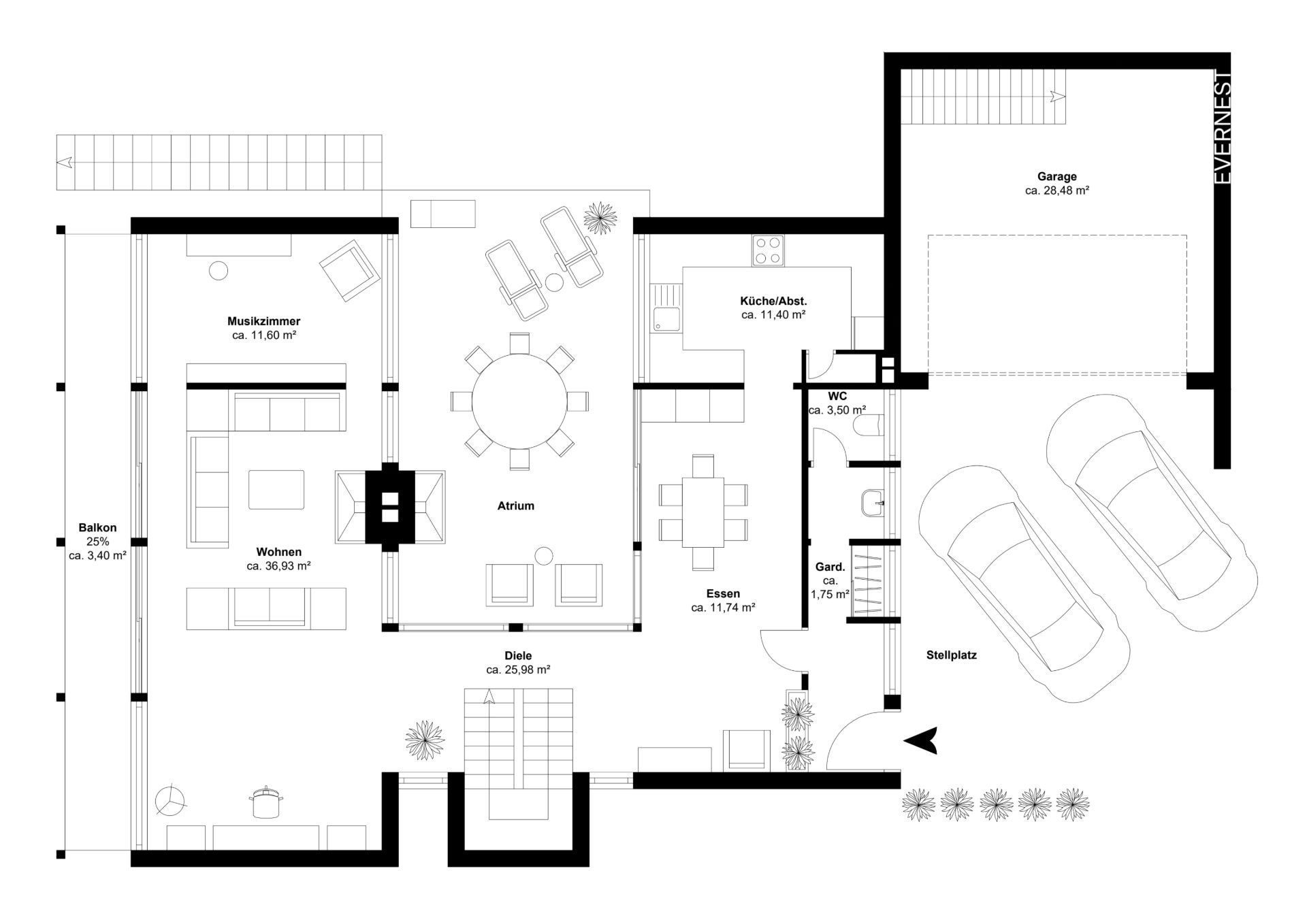 Grundriss eines Hauses mit Wohnzimmer, Atrium, Garage, Küche, Essbereich und Balkon.