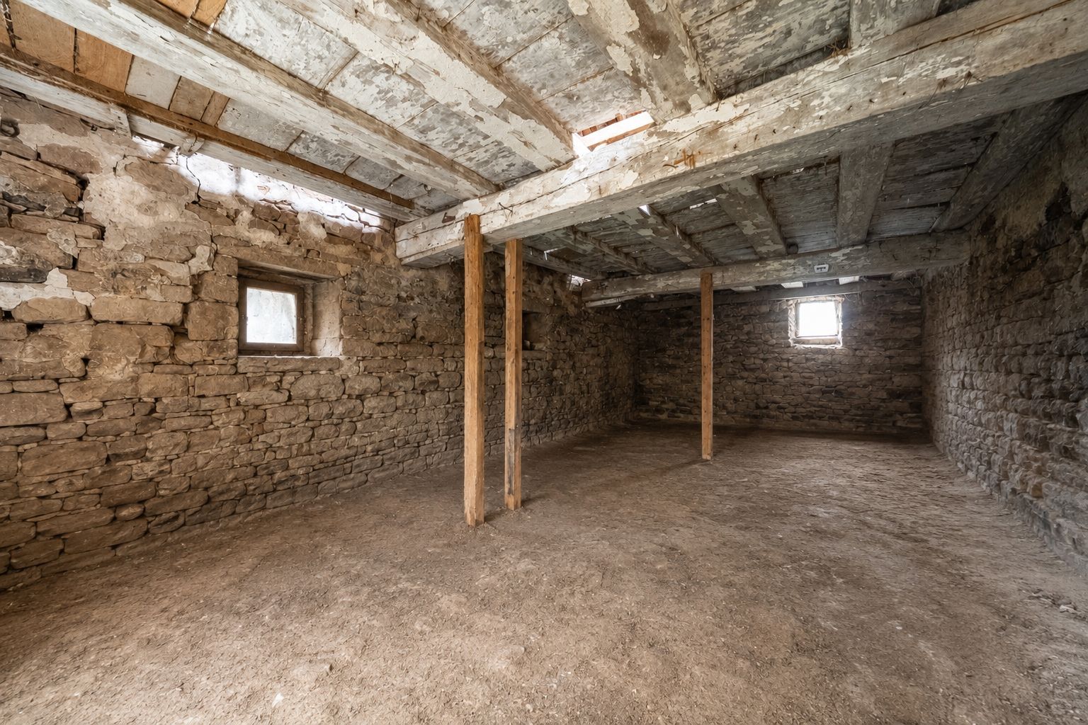 Leerer Raum mit Steinwänden, zwei kleinen Fenstern und Holzbalken an der Decke.