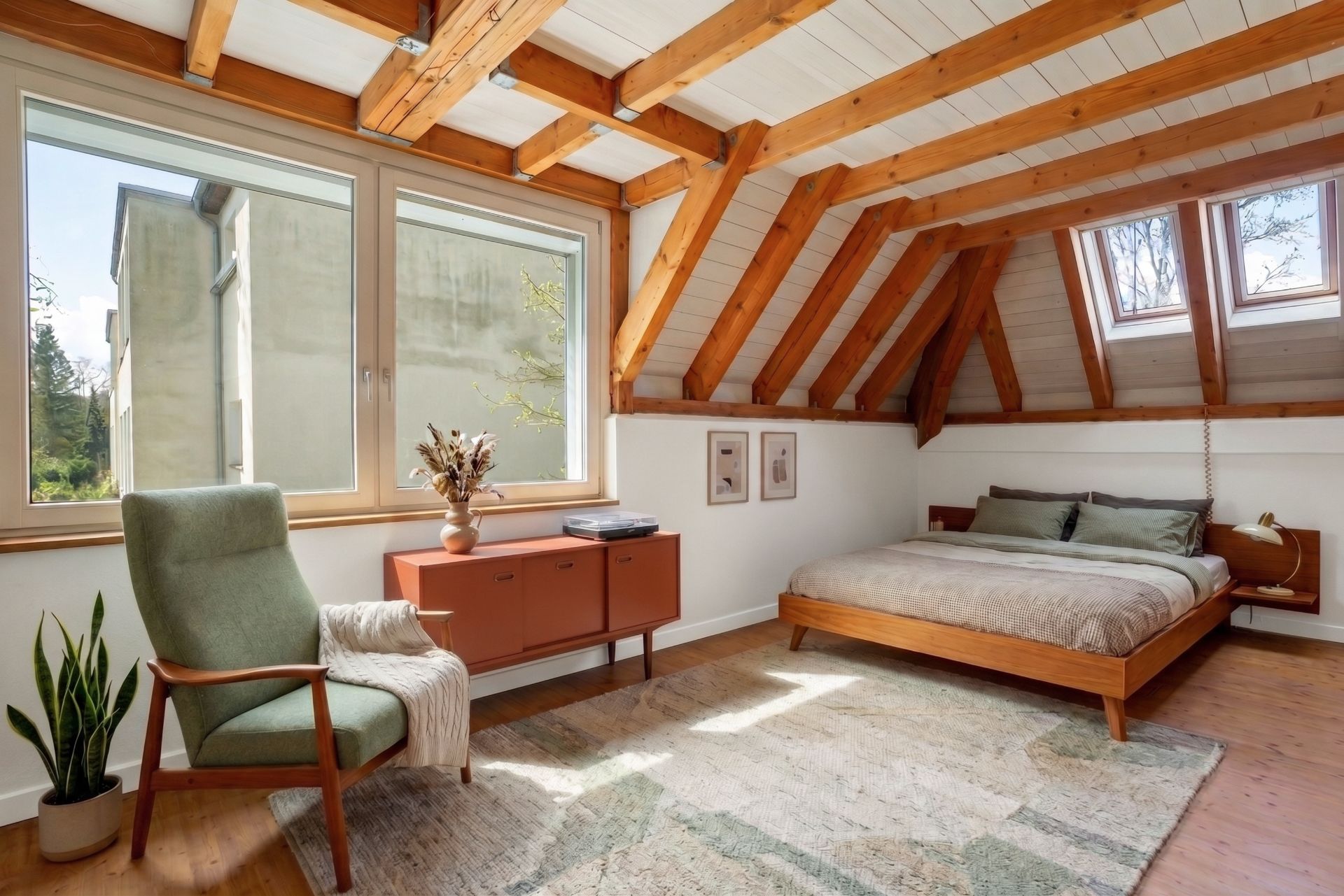 Helles Schlafzimmer mit Holzbalkendecke, großem Bett, Sessel, Sideboard und Pflanzen.