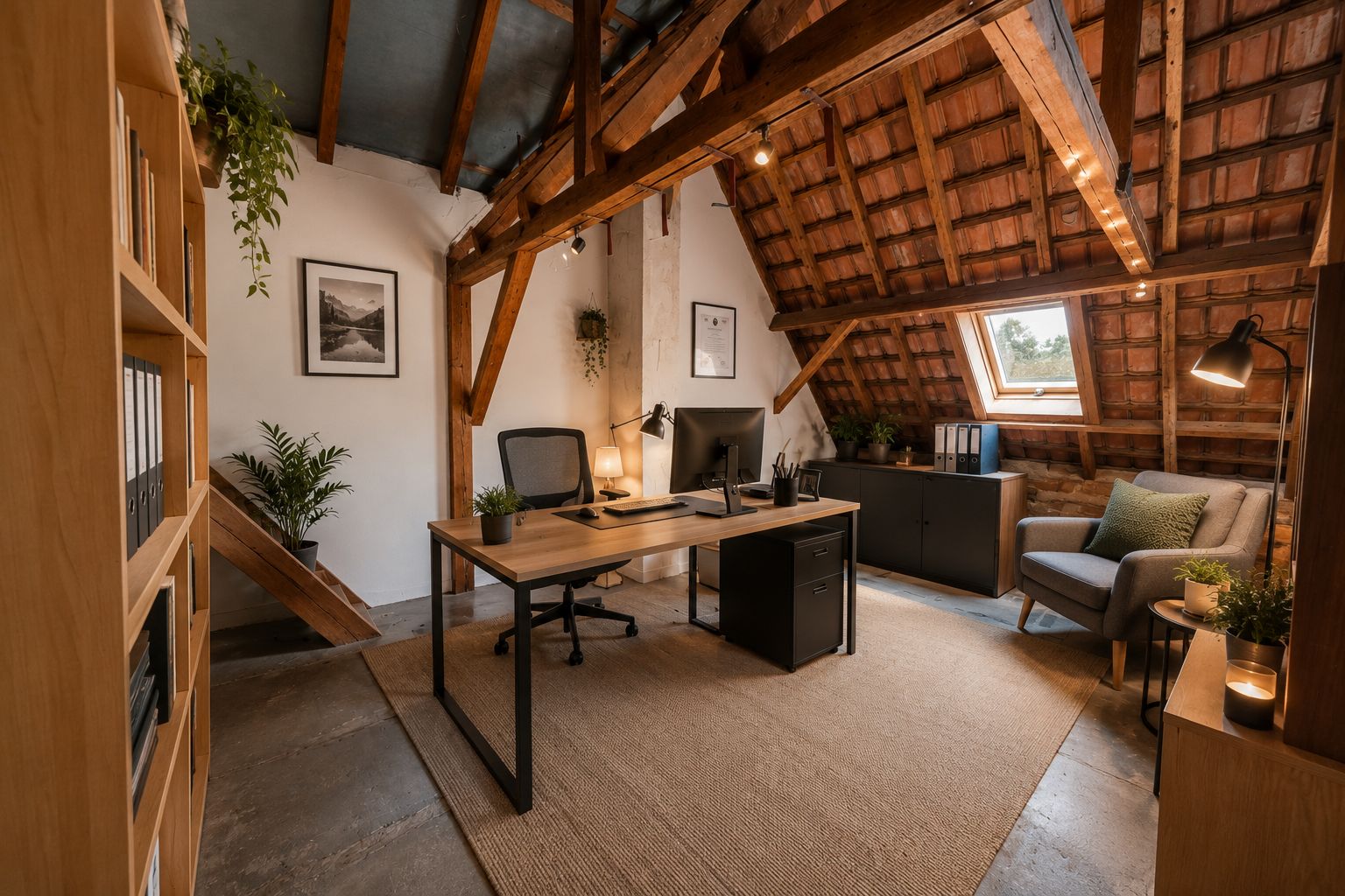 Modernes Arbeitszimmer im Dachgeschoss mit Schreibtisch, Regalen, Sessel und schrägem Fenster.