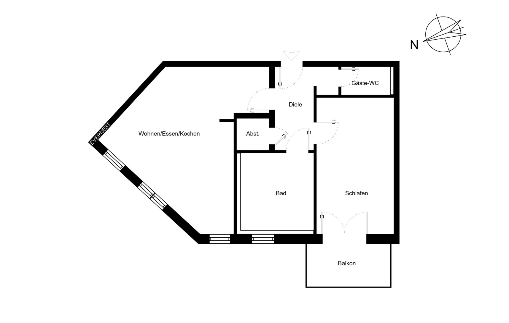 Grundriss einer Wohnung mit Wohnzimmer, Schlafzimmer, Bad, Gäste-WC, Abstellraum, Diele und Balkon.