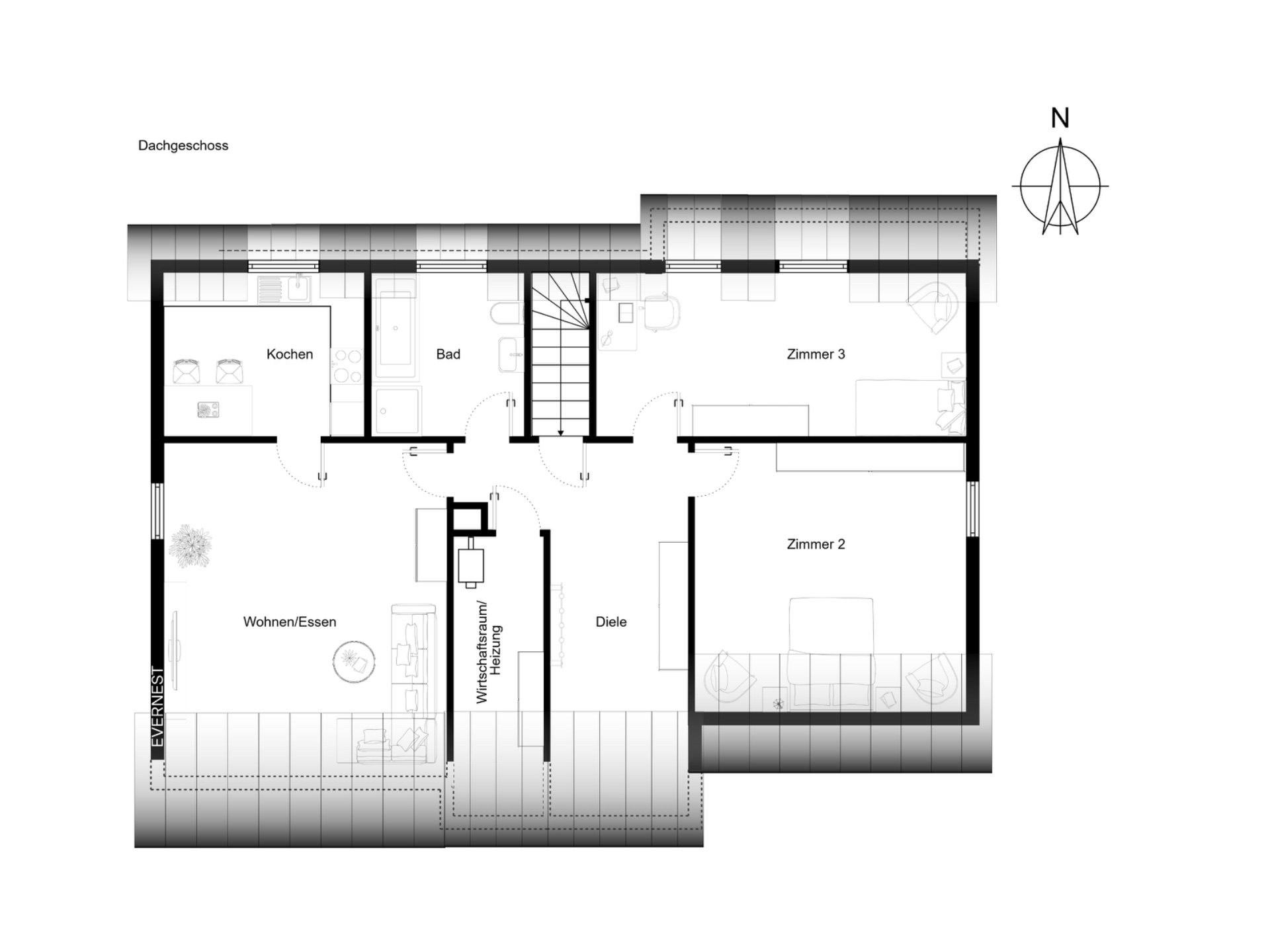 Grundriss eines Dachgeschosses mit Wohnzimmer, Küche, Bad und zwei Zimmern.