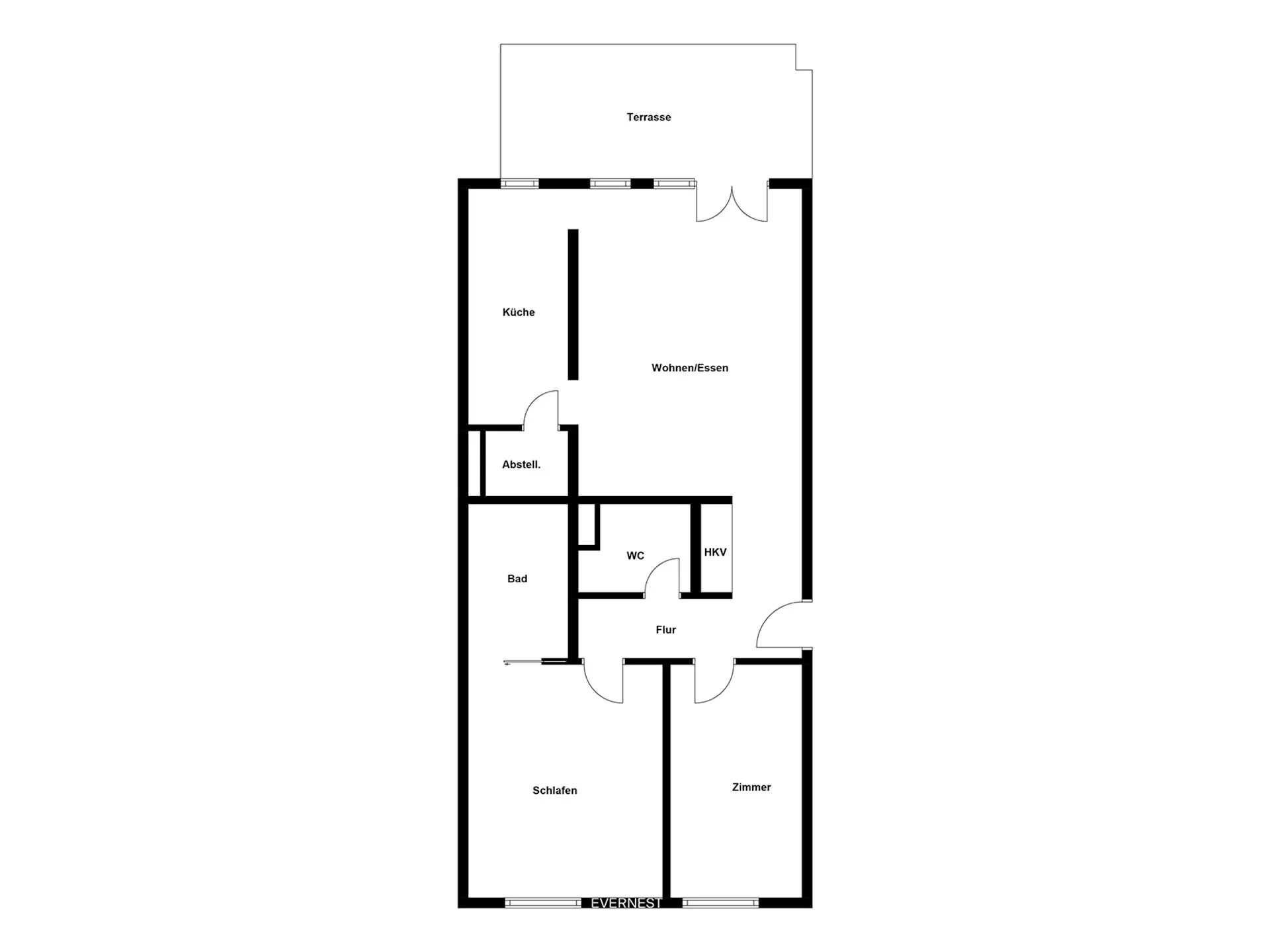 Grundriss einer Wohnung mit Terrasse, Wohn-/Essbereich, Küche, Bad, WC, Flur, zwei Zimmern und Abstellraum.
