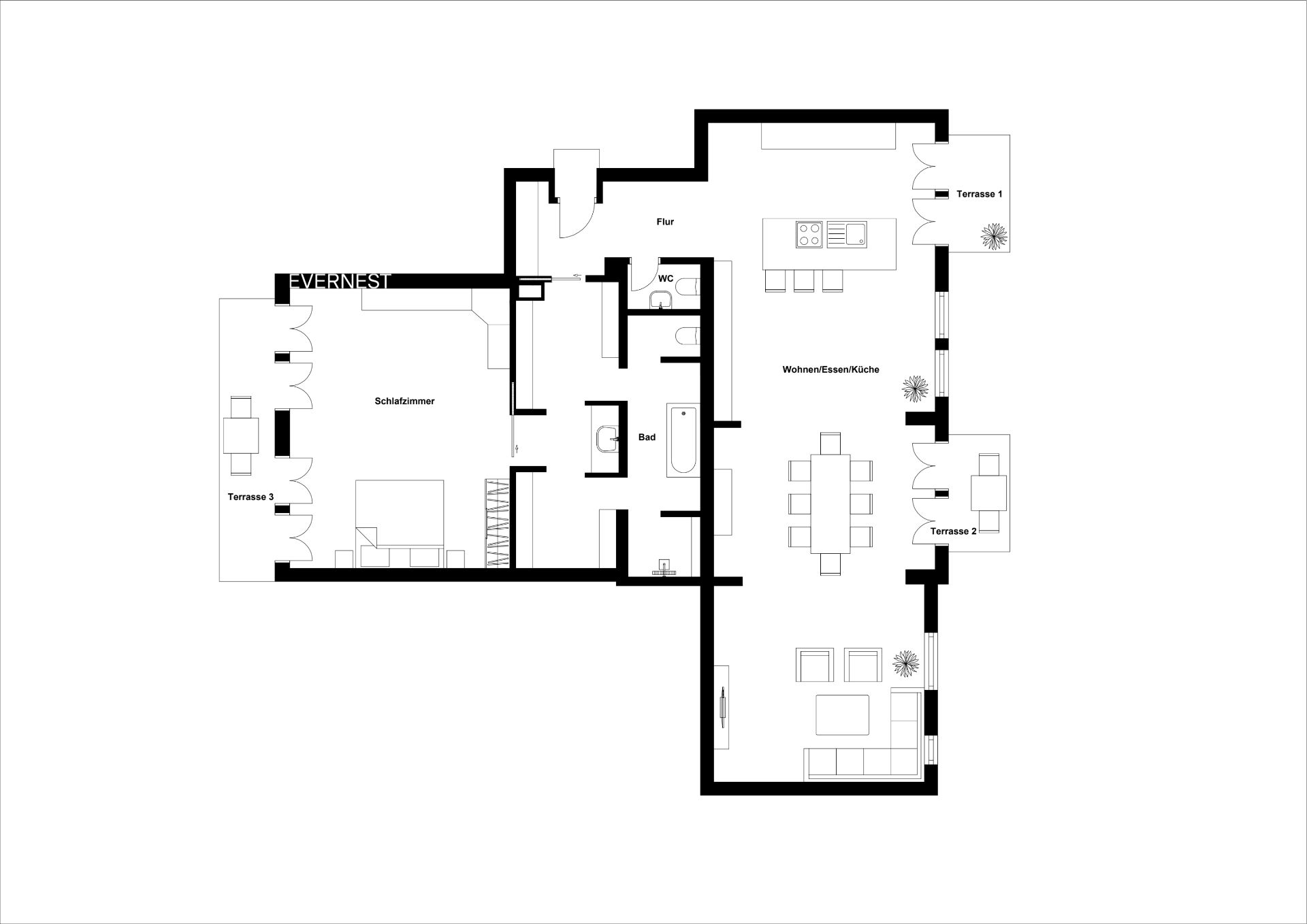 Grundriss einer Wohnung mit Schlafzimmer, Bad, WC, Wohnbereich, Küche und drei Terrassen.