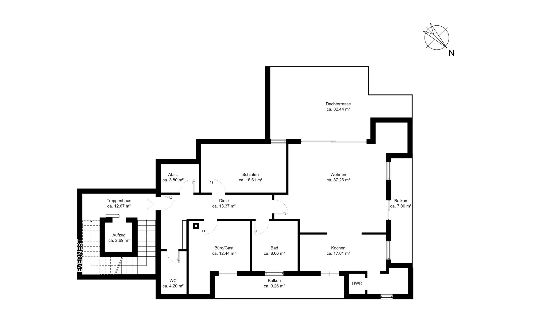 Grundriss einer Wohnung mit mehreren Zimmern, zwei Balkonen und Dachterrasse.