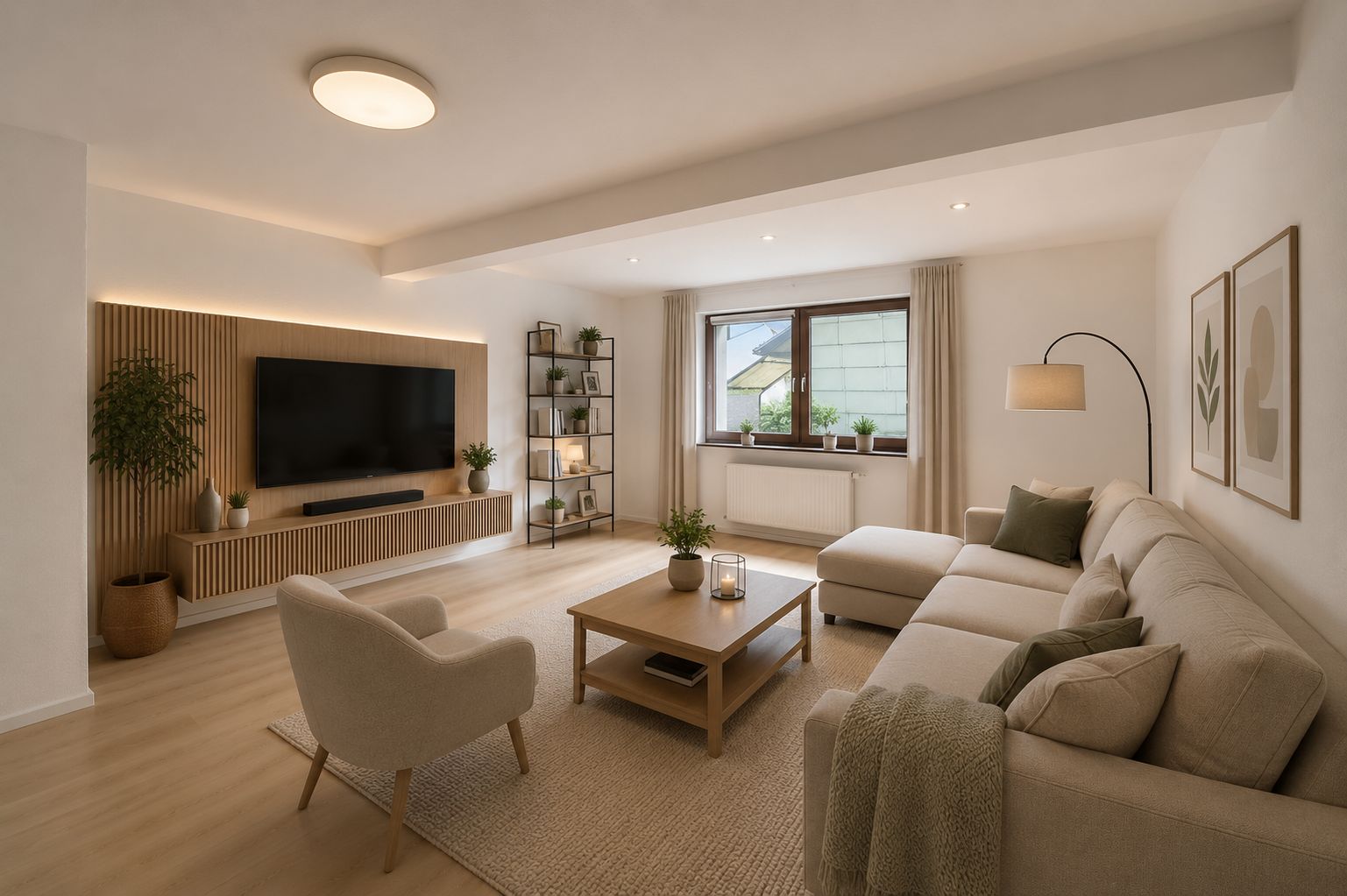 Modernes, gemütliches Wohnzimmer mit Sofa, Sessel, Couchtisch, Fernseher und großen Fenstern.
