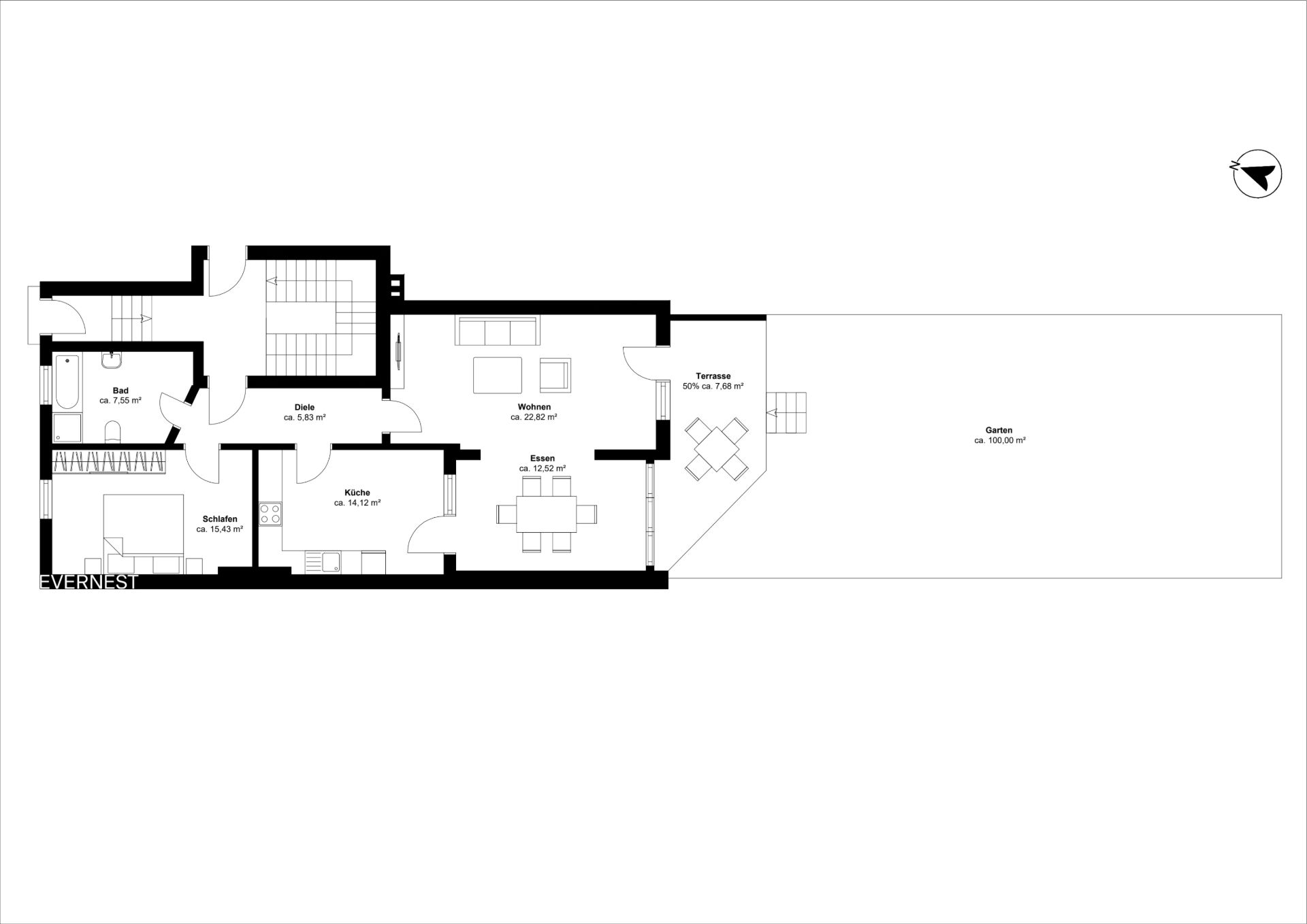 Grundriss einer Wohnung mit Schlafzimmer, Bad, Küche, Essbereich, Wohnzimmer, Terrasse und Garten.