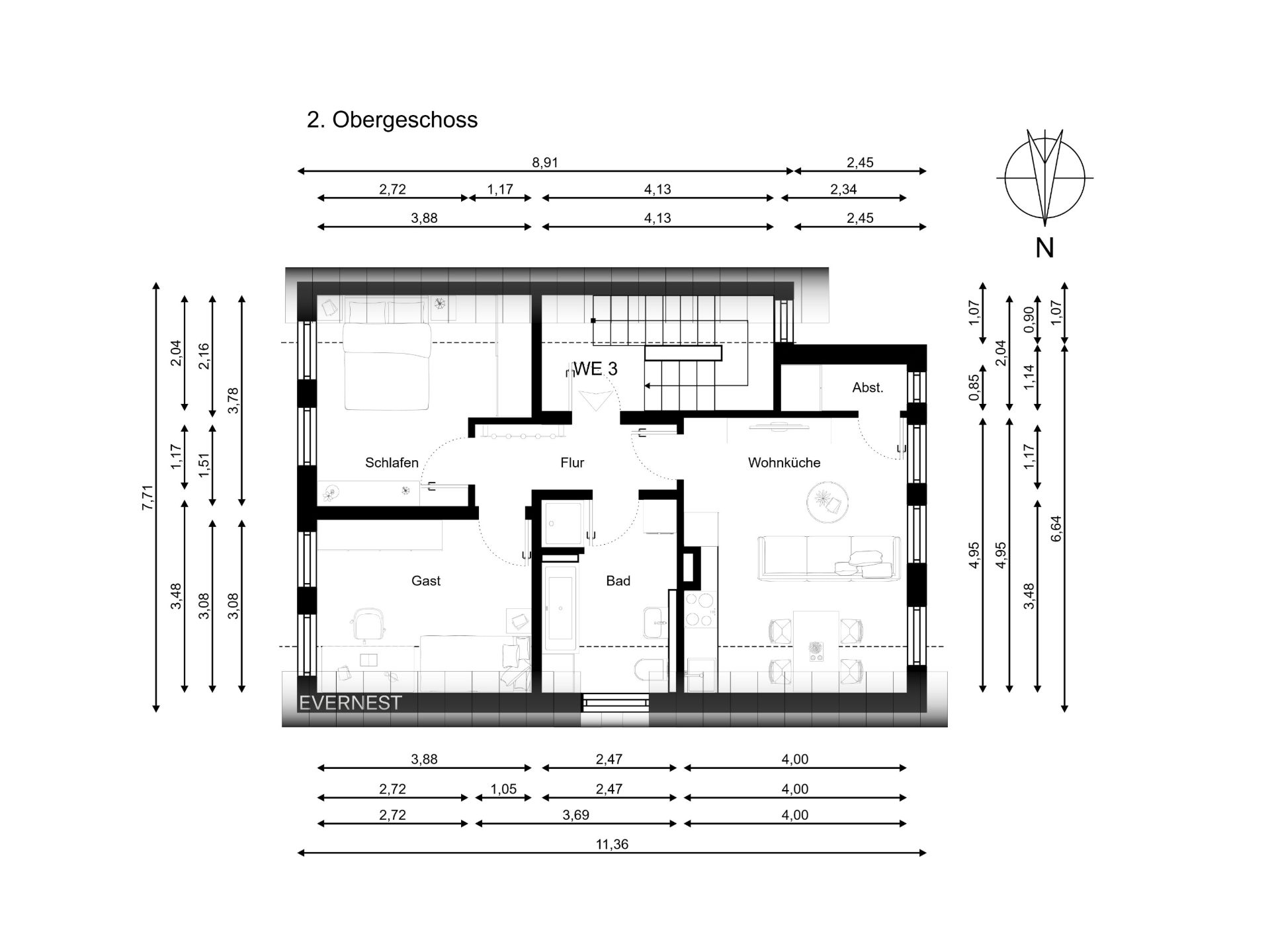 Grundriss des zweiten Obergeschosses mit Schlafzimmer, Wohnküche, Bad, Flur und Gästezimmer.