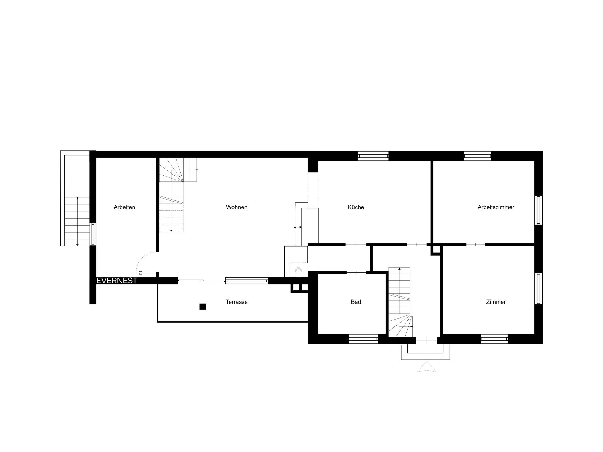 Grundriss mit Wohnzimmer, Küche, Bad, Arbeitszimmer, Zimmer und Terrasse.