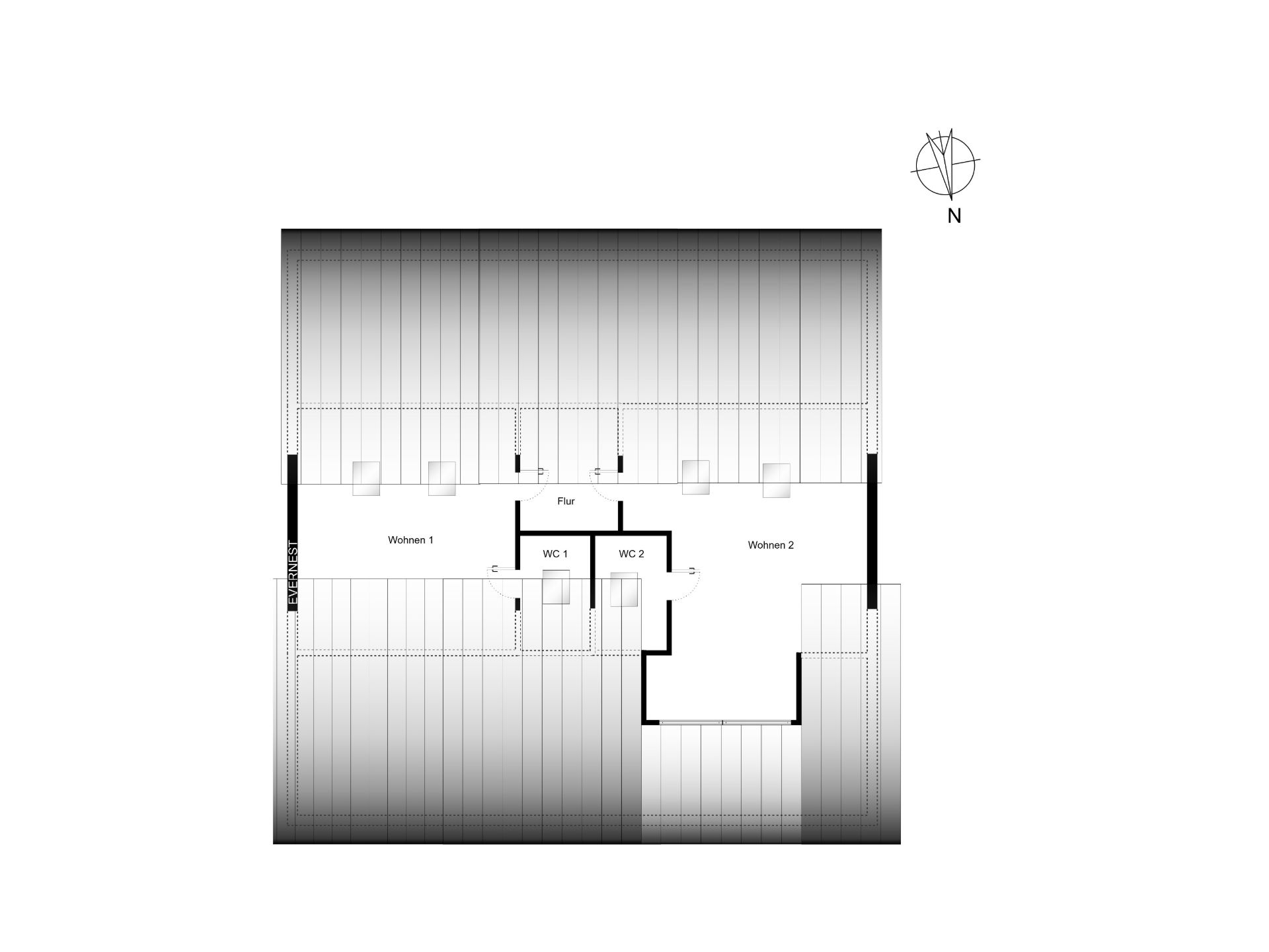 Grundriss mit zwei Wohnbereichen, Flur und zwei WCs, Treppe auf der rechten Seite.