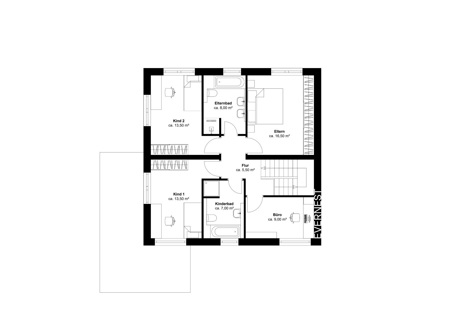 Grundriss eines Obergeschosses mit zwei Kinderzimmern, Elternschlafzimmer, Büro und zwei Bädern.