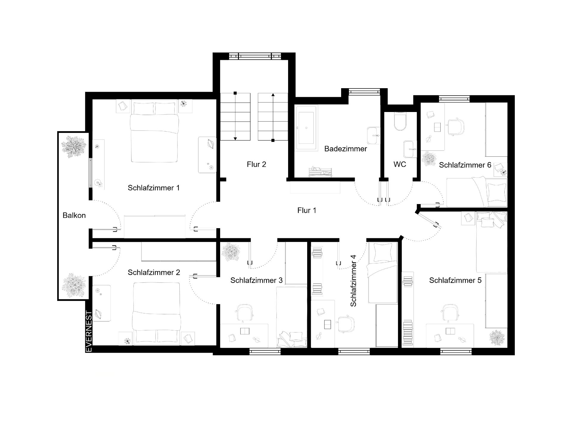 Grundriss mit sechs Schlafzimmern, zwei Fluren, Badezimmer, WC und Balkon.