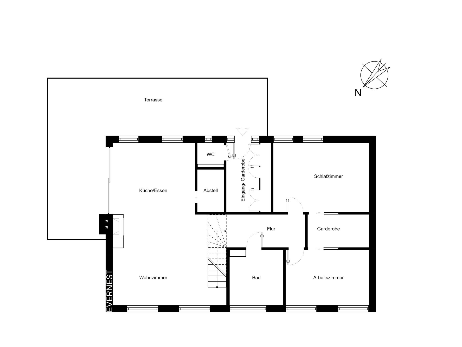 Grundriss eines Hauses mit Wohnzimmer, Küche, Bad, Schlafzimmer, Arbeitszimmer und Terrasse.