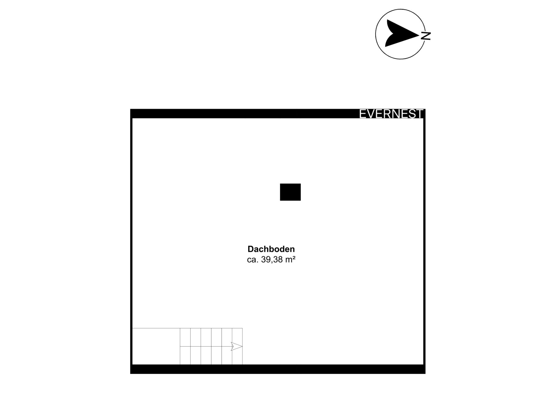 Grundriss eines Dachbodens mit Treppe und markierter Fläche von ca. 39,38 m².
