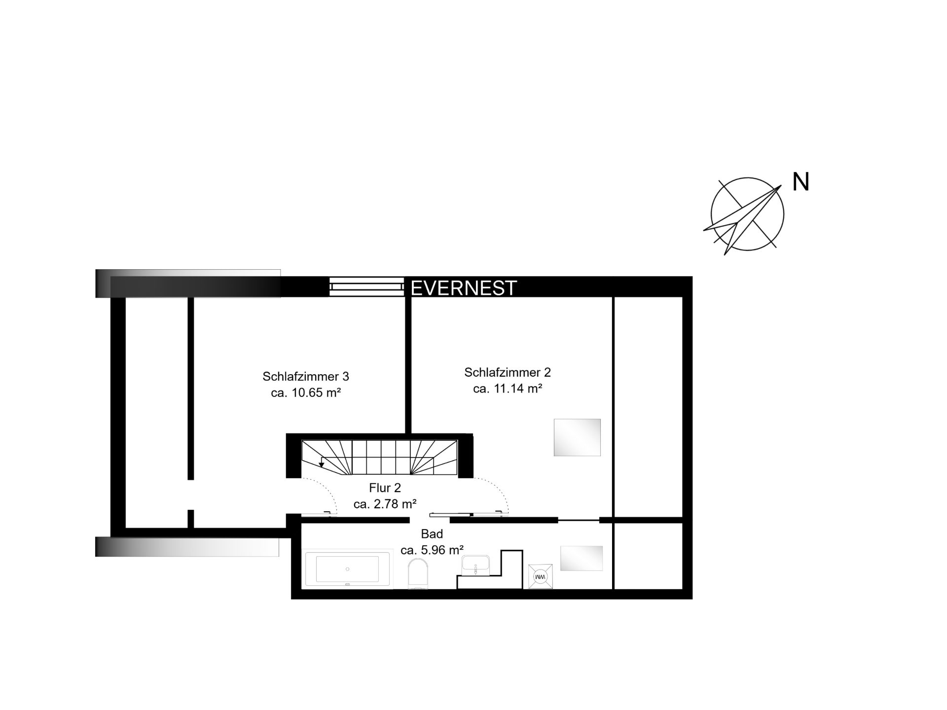 Grundriss mit zwei Schlafzimmern, Flur und Bad, Maße in Quadratmetern angegeben.