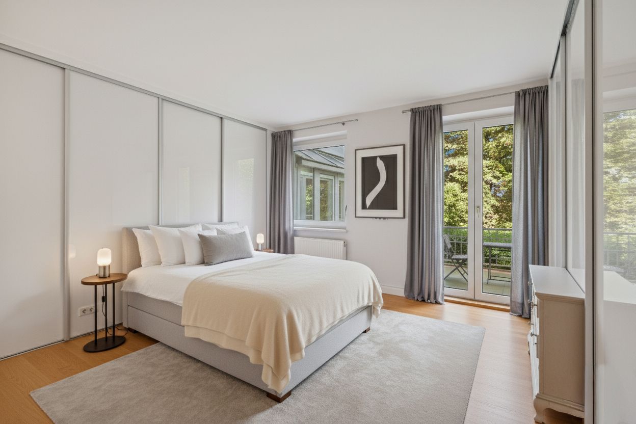 Helles Schlafzimmer mit Doppelbett, Nachttischen, Fenstern und Glastüren zu einem Balkon.