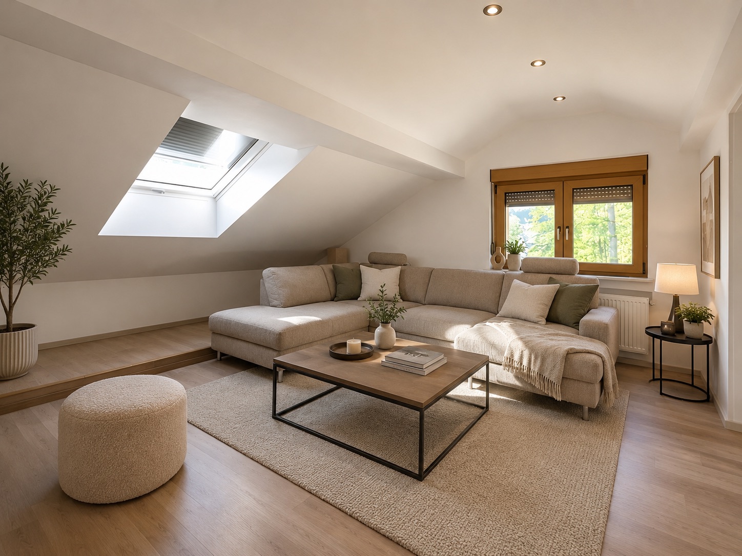 Helles Wohnzimmer mit Ecksofa, Couchtisch und Dachfenster auf Holzfußboden.