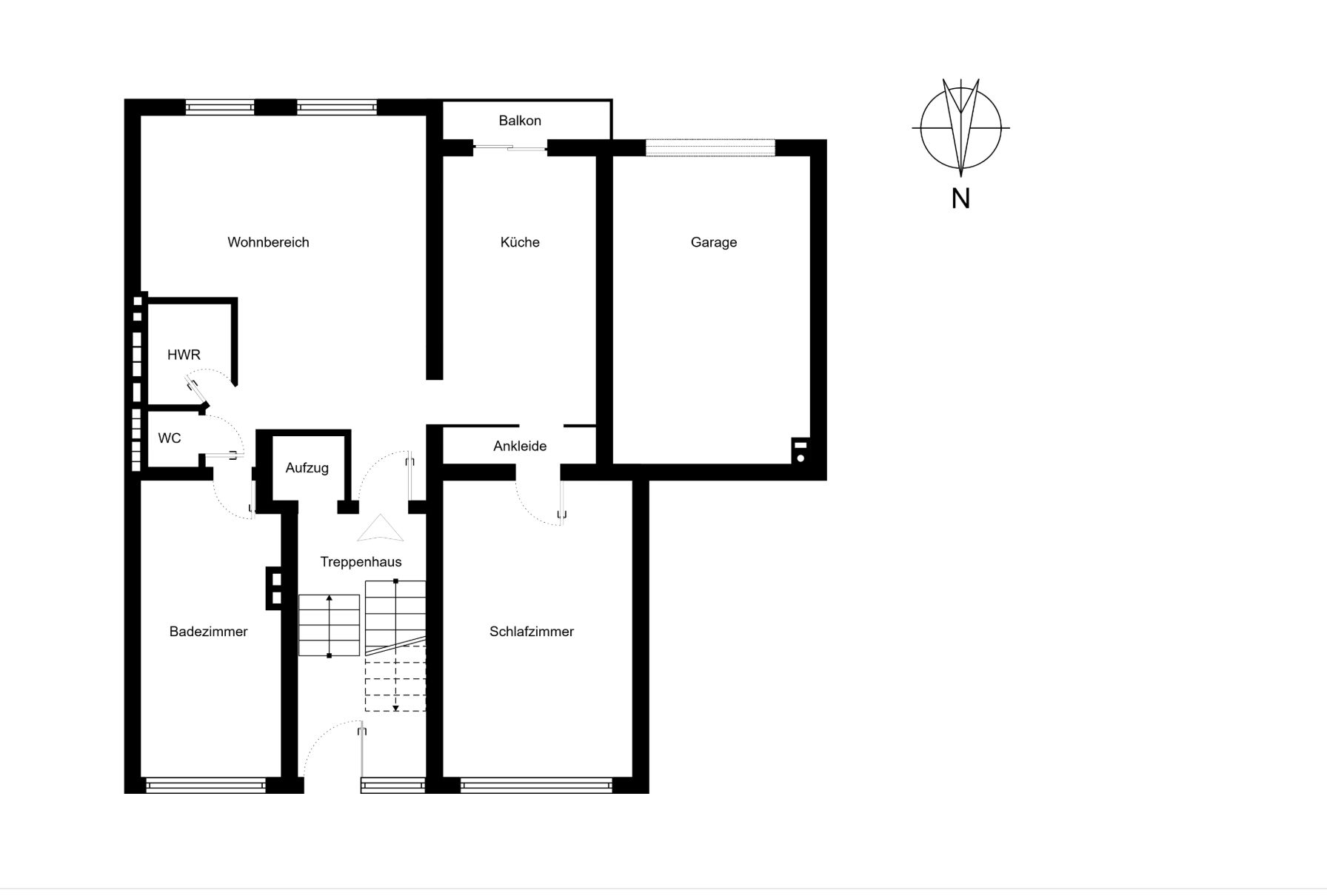 Grundriss einer Wohnung mit Wohnbereich, Küche, Schlafzimmer, Bad, WC und Garage.