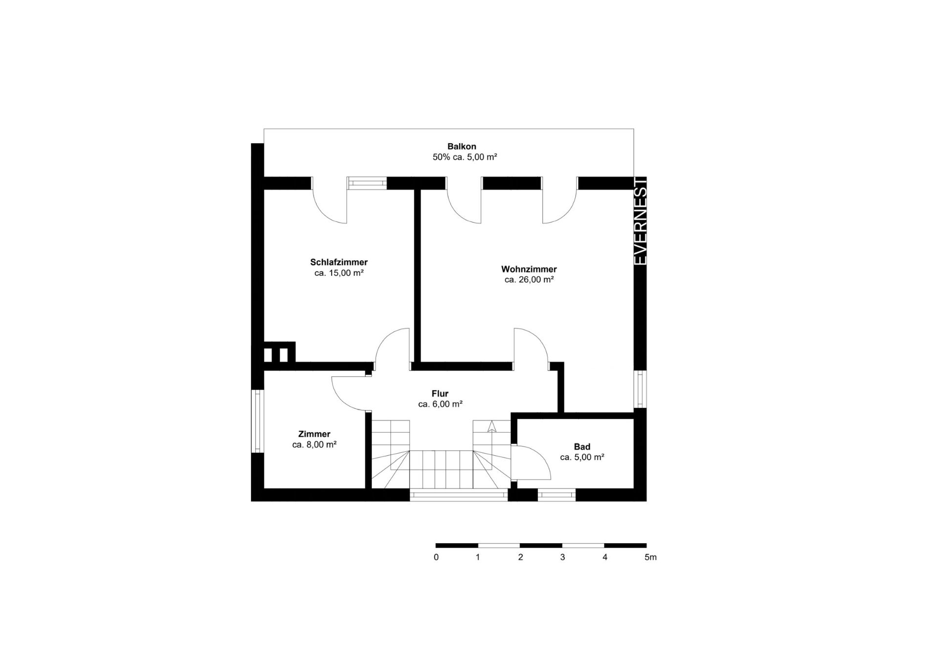 Grundriss mit Schlafzimmer, Wohnzimmer, Zimmer, Bad, Flur und Balkon.