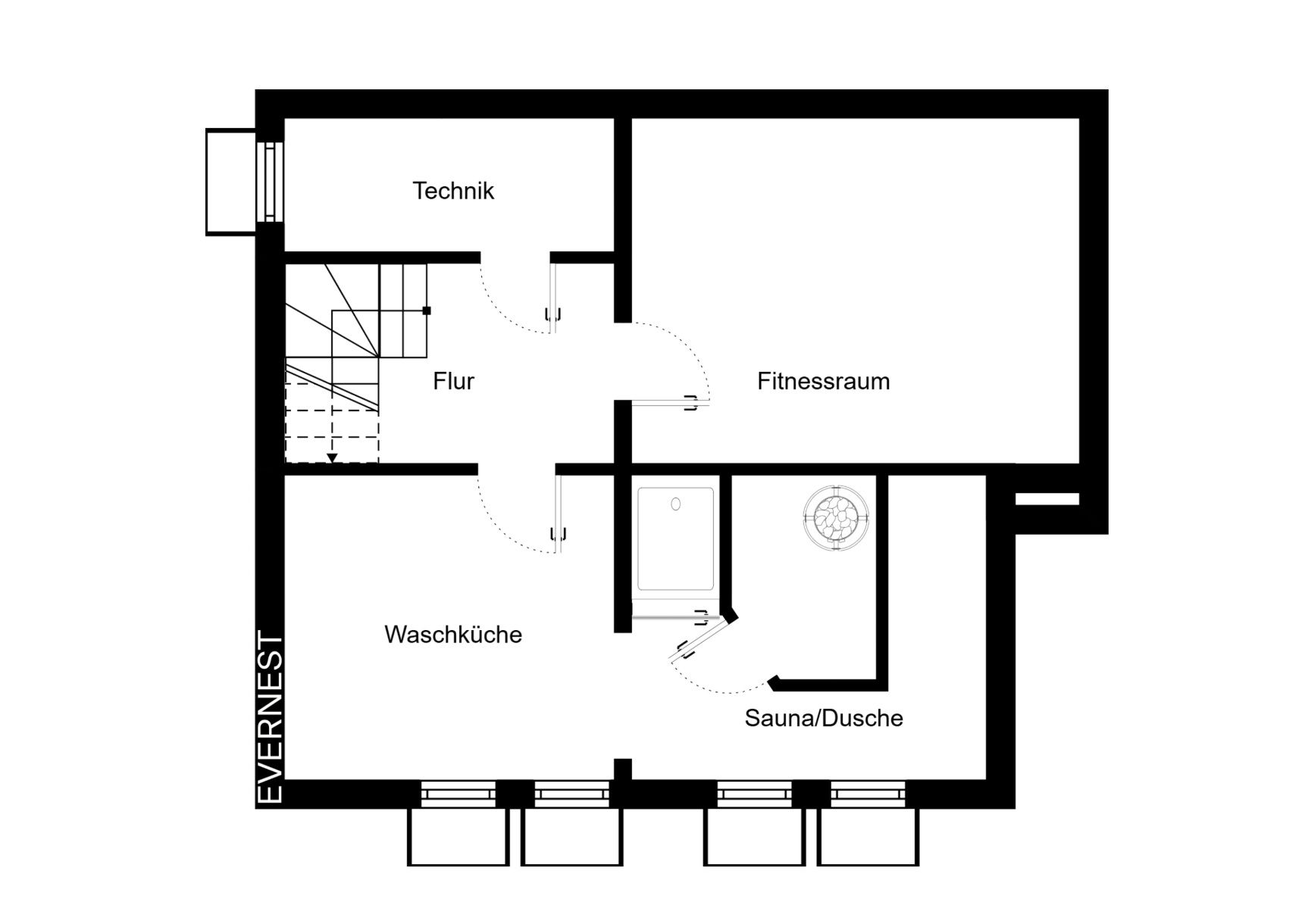 Grundriss mit Technikraum, Waschküche, Flur, Fitnessraum und Sauna/Dusche.