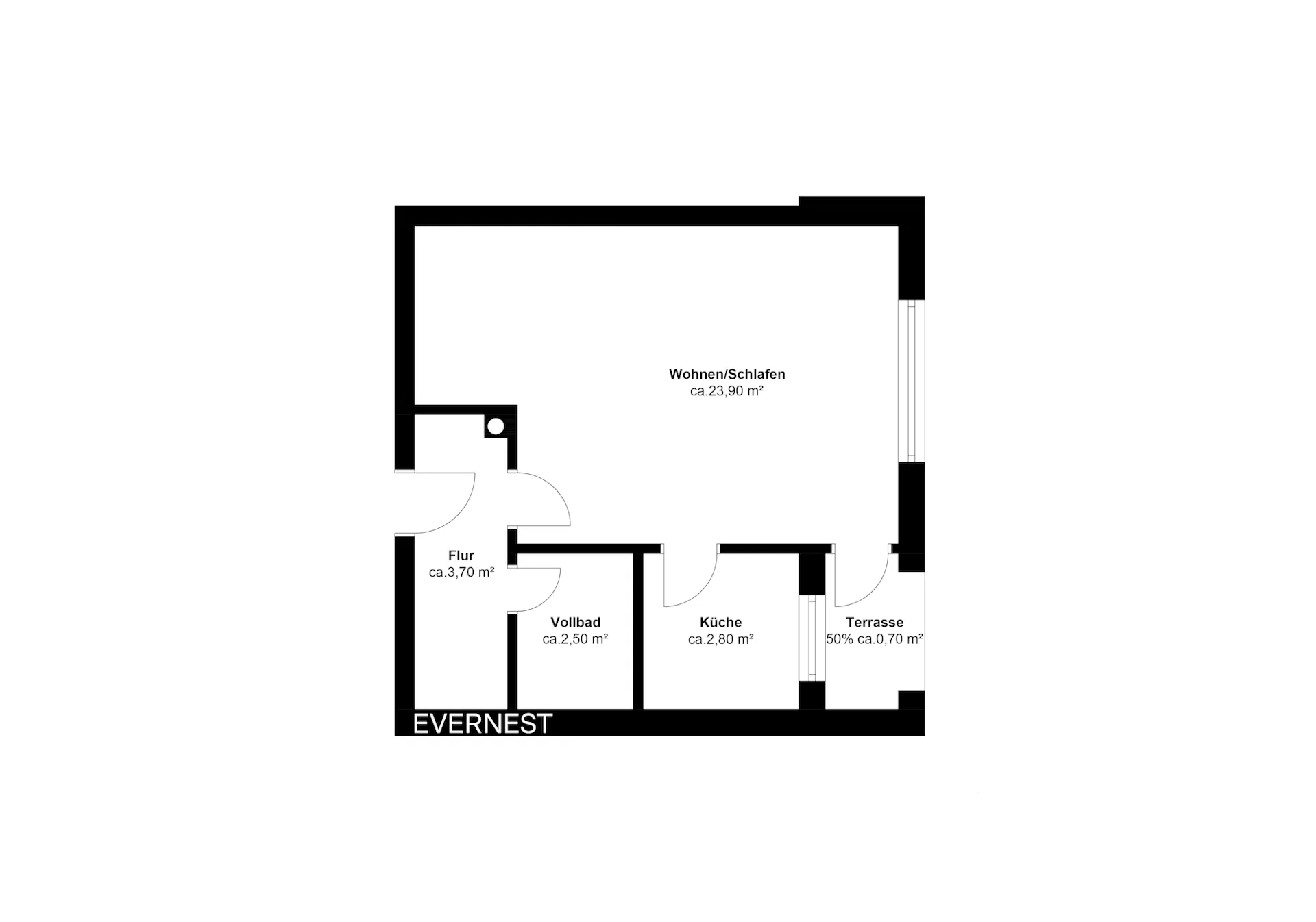 Grundriss mit Wohnen/Schlafen, Flur, Vollbad, Küche und kleiner Terrasse.