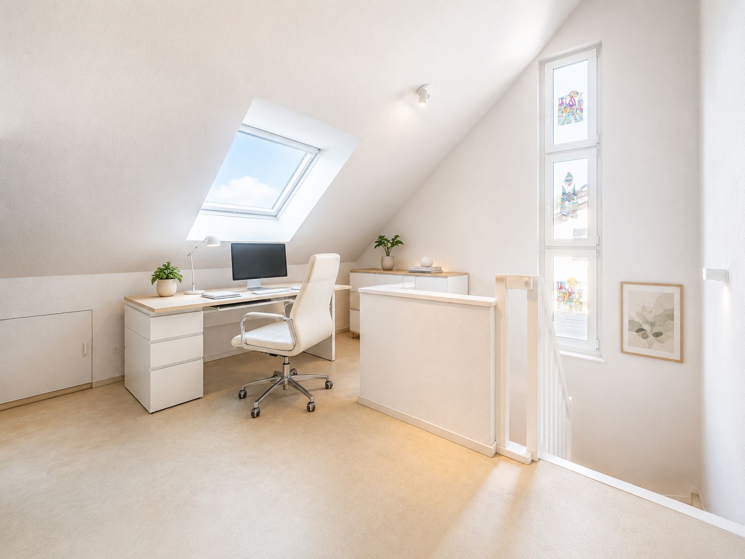 Heller Arbeitsbereich im Dachgeschoss mit Schreibtisch, Stuhl und Dachfenster.