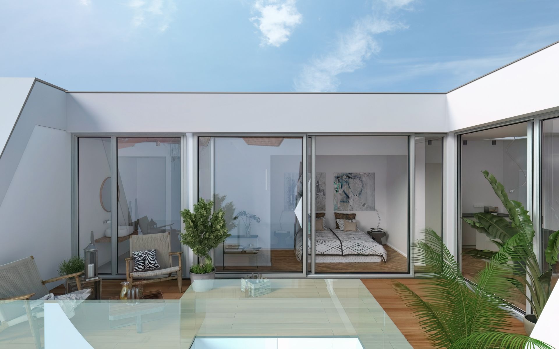 Moderner Innenhof mit Glasboden, Zimmer mit großen Fenstern und Pflanzen im Vordergrund.