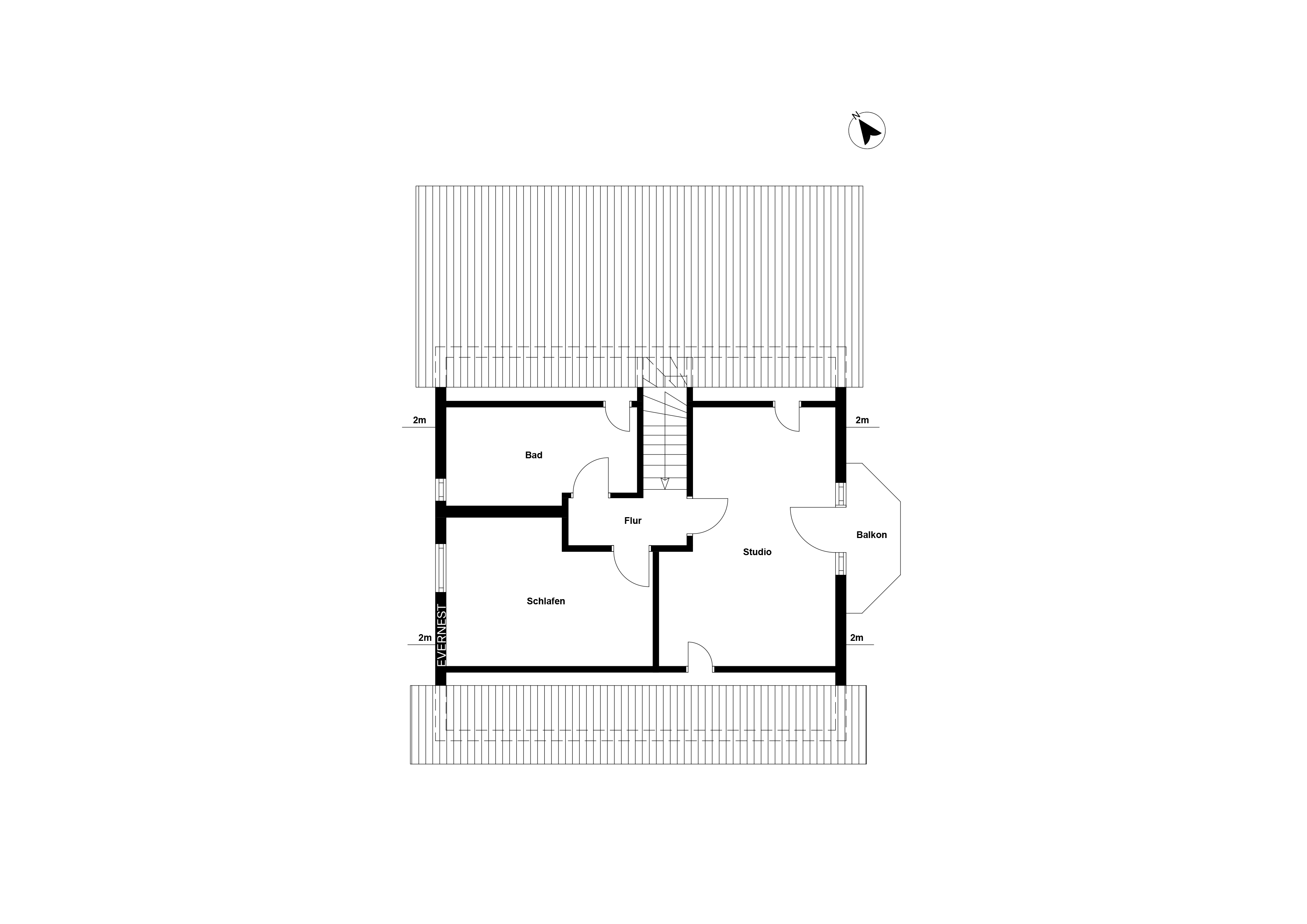 Grundriss mit Schlafzimmer, Bad, Flur, Studio und Balkon.
