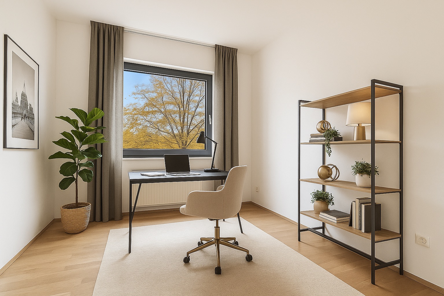 Helles Arbeitszimmer mit Schreibtisch, Stuhl, Regal, Pflanze und großem Fenster.
