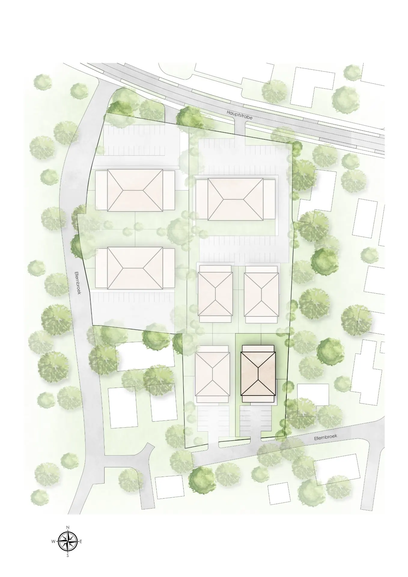 Lageplan mit mehreren Wohngebäuden, Straßen und umgebenden Bäumen.