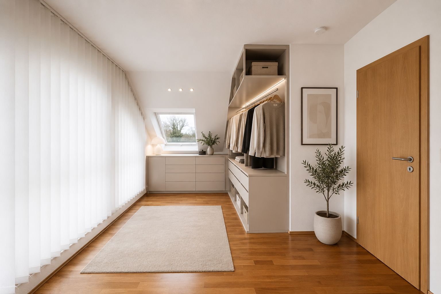 Heller Ankleideraum mit Holzfußboden, Teppich, Kleiderschrank und großen Fenstern.