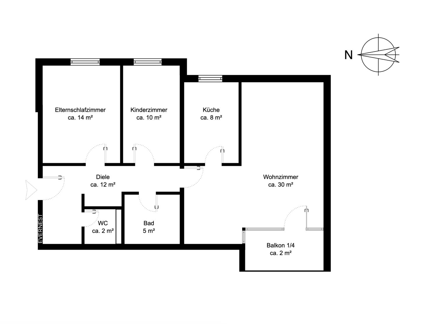 Grundriss einer Wohnung mit Schlafzimmer, Kinderzimmer, Küche, Wohnzimmer, Bad, WC und Balkon.