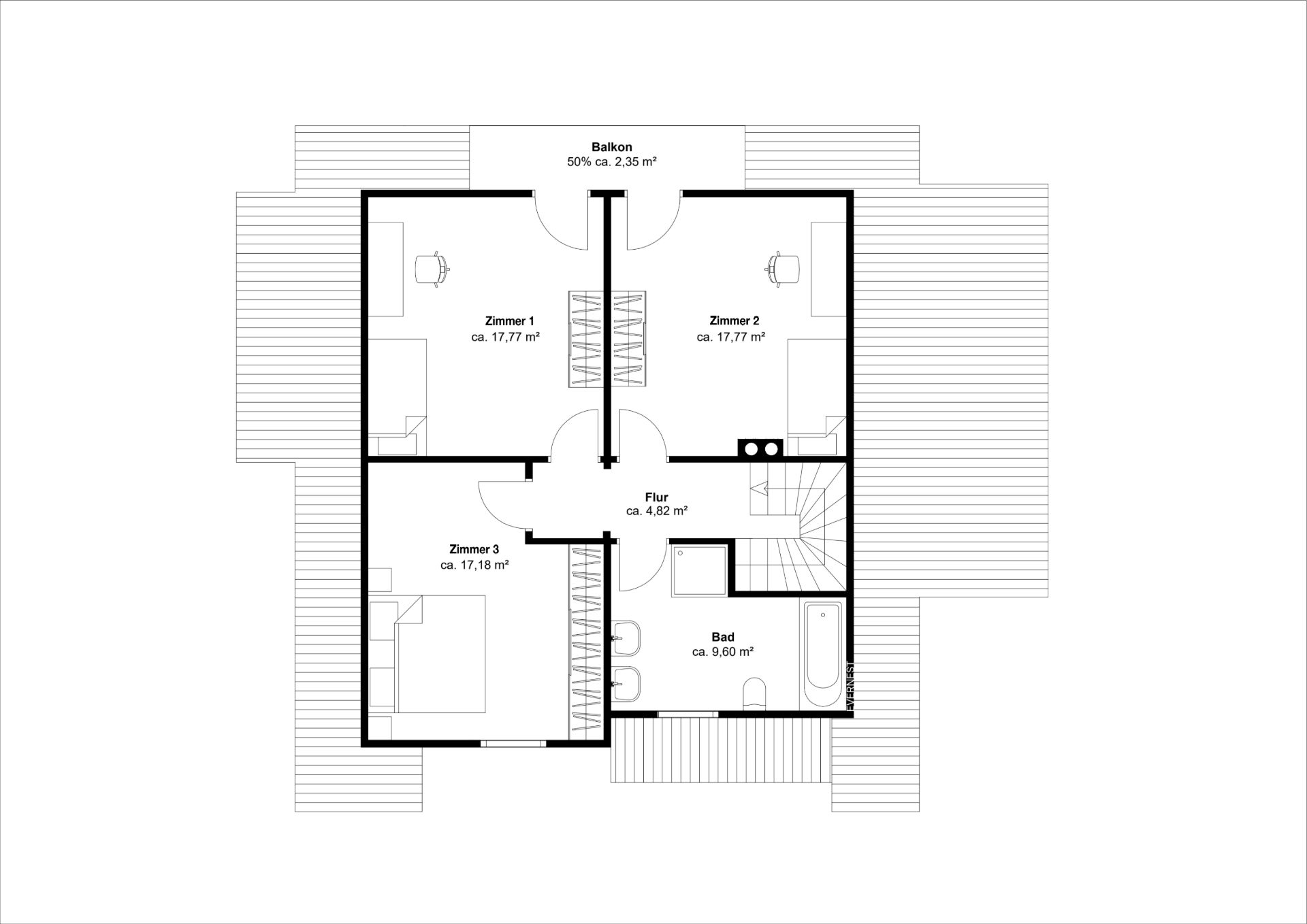 Grundriss mit drei Zimmern, einem Bad, Flur, Balkon und Treppe.