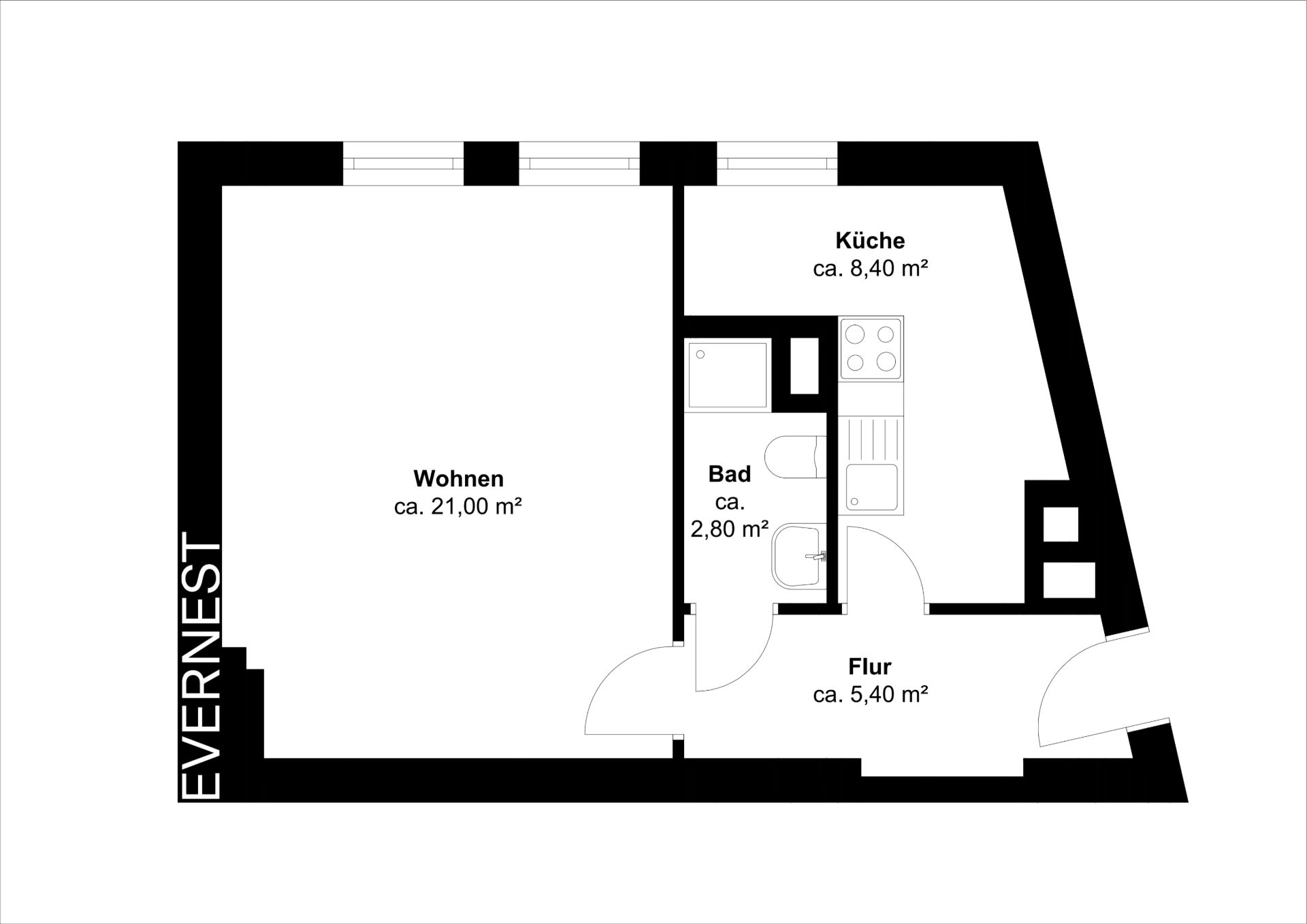 Grundriss mit Wohnbereich, Küche, Bad und Flur mit Quadratmeterangaben.