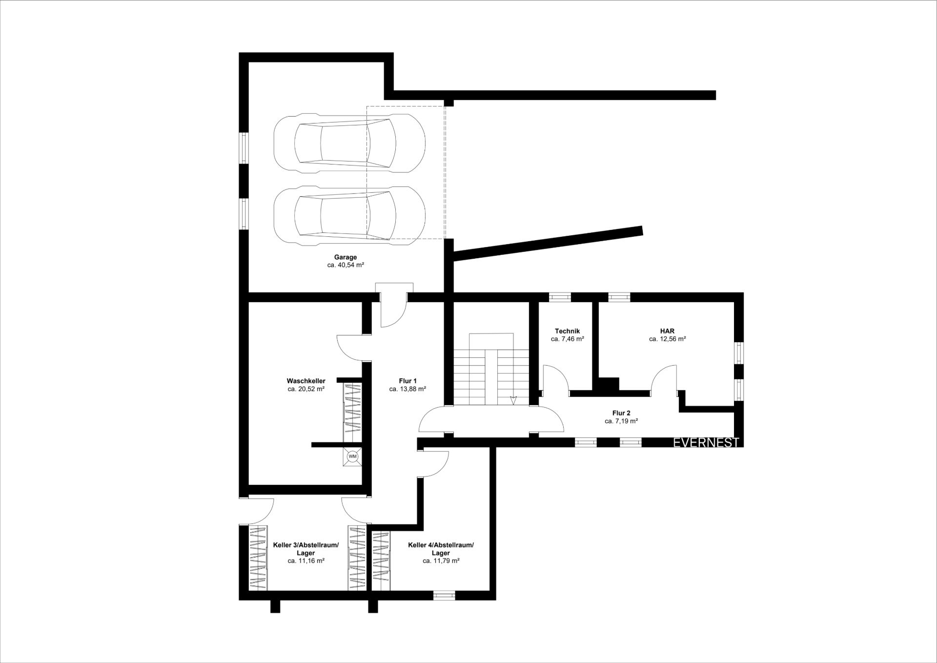 Grundriss eines Kellers mit Garage, Waschkeller, Technikraum, Fluren und Abstellräumen.