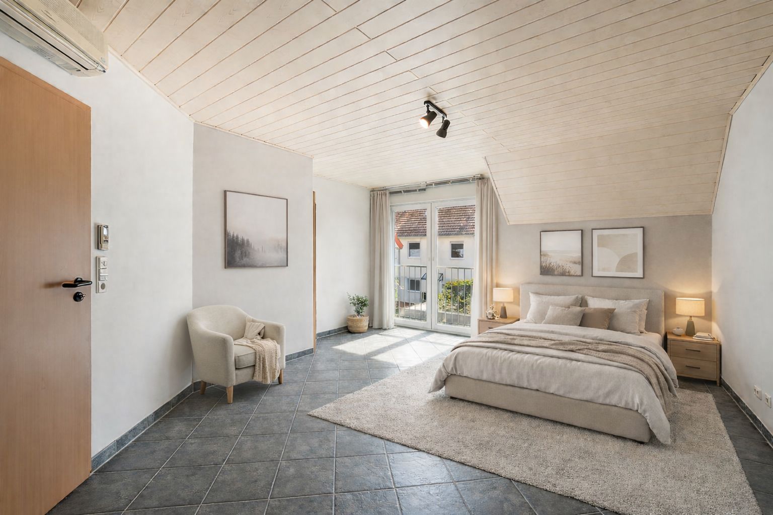 Helles Schlafzimmer mit Doppelbett, zwei Nachttischen, Sessel und Fenster mit Blick nach draußen.