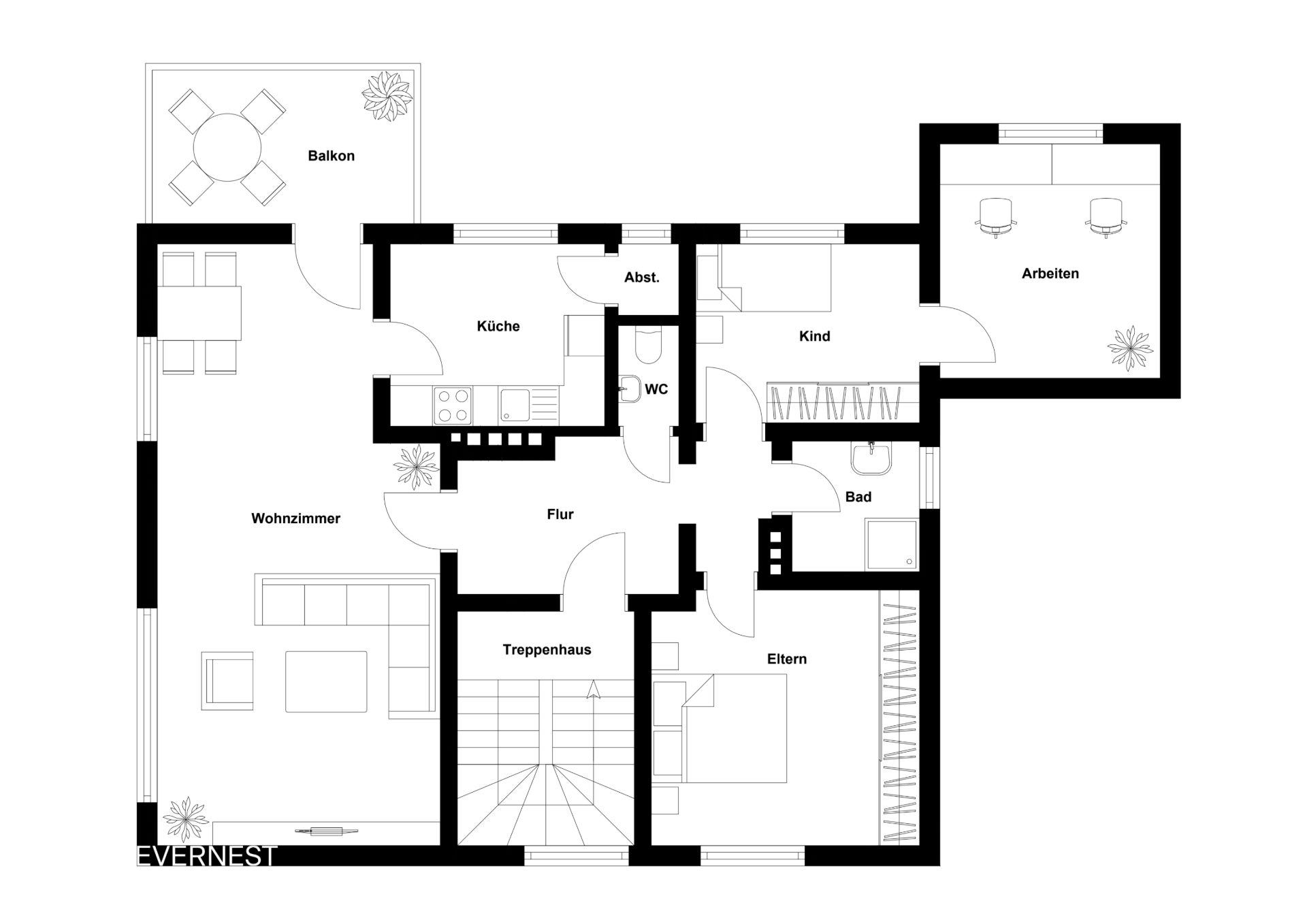 Grundriss einer Wohnung mit Wohnzimmer, Küche, Bad, Balkon, Schlafzimmer und Arbeitszimmer.