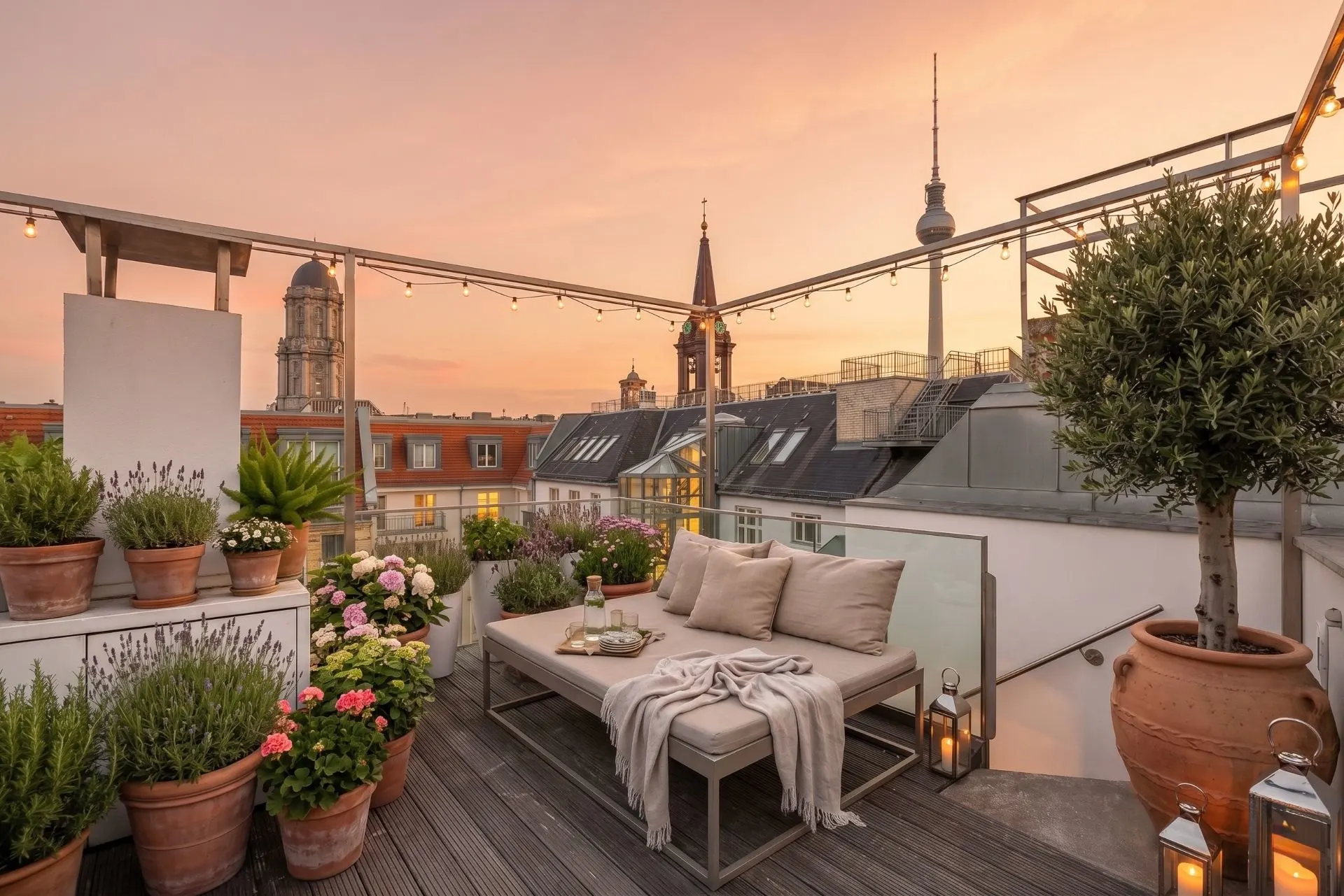 Dachterrasse mit Sitzbank, Pflanzen in Töpfen und Blick auf Häuser bei Sonnenuntergang.