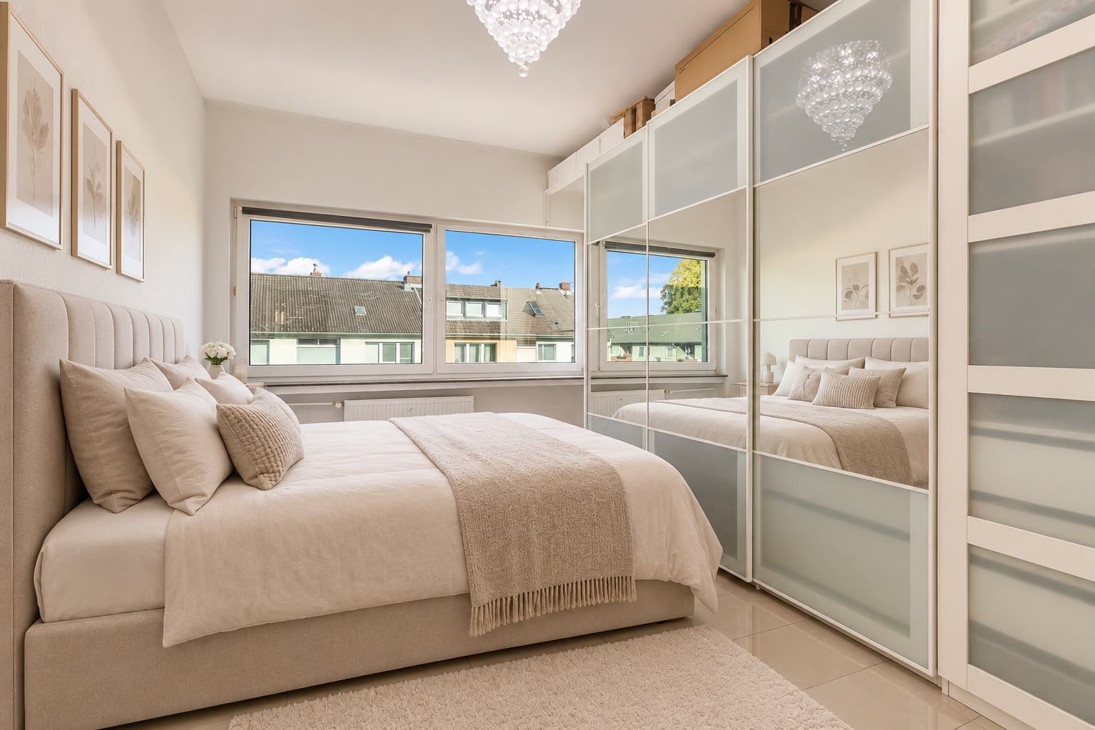 Helles Schlafzimmer mit Doppelbett, großem Fenster und Kleiderschrank mit Spiegeltüren.