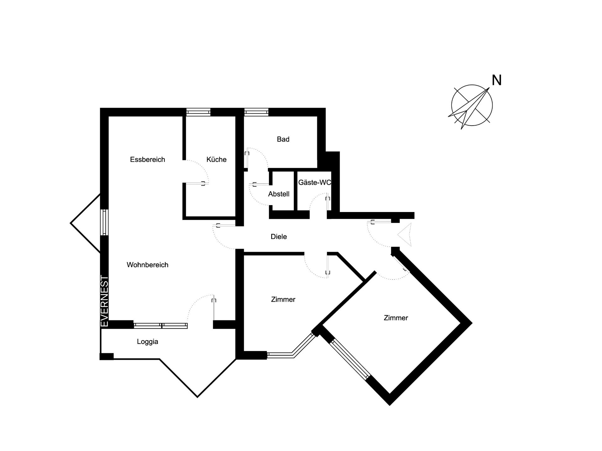 Grundriss einer Wohnung mit Wohnbereich, Essbereich, Küche, Bad und zwei Zimmern.