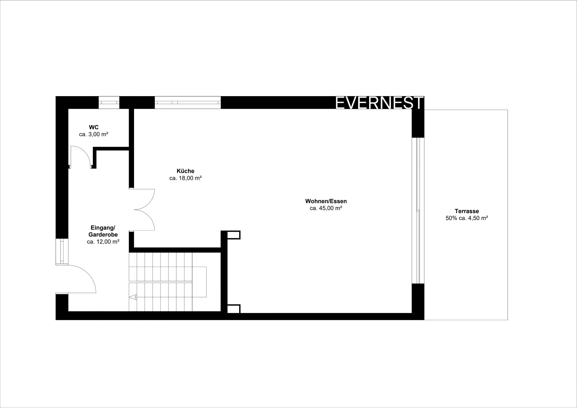 Grundriss mit Eingang, WC, Küche, Wohn-/Essbereich und Terrasse, Flächenangaben in Quadratmetern.