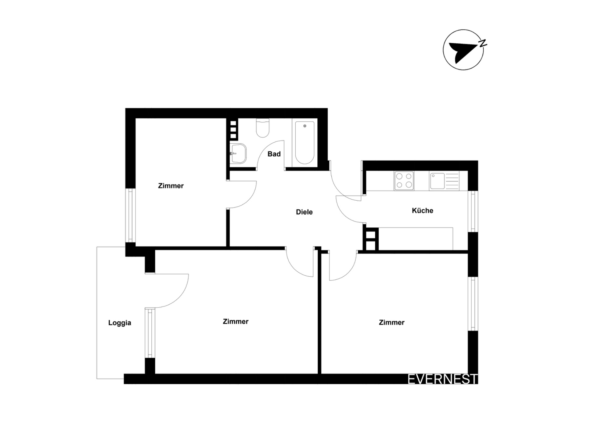 Grundriss mit drei Zimmern, Küche, Bad, Diele und Loggia.