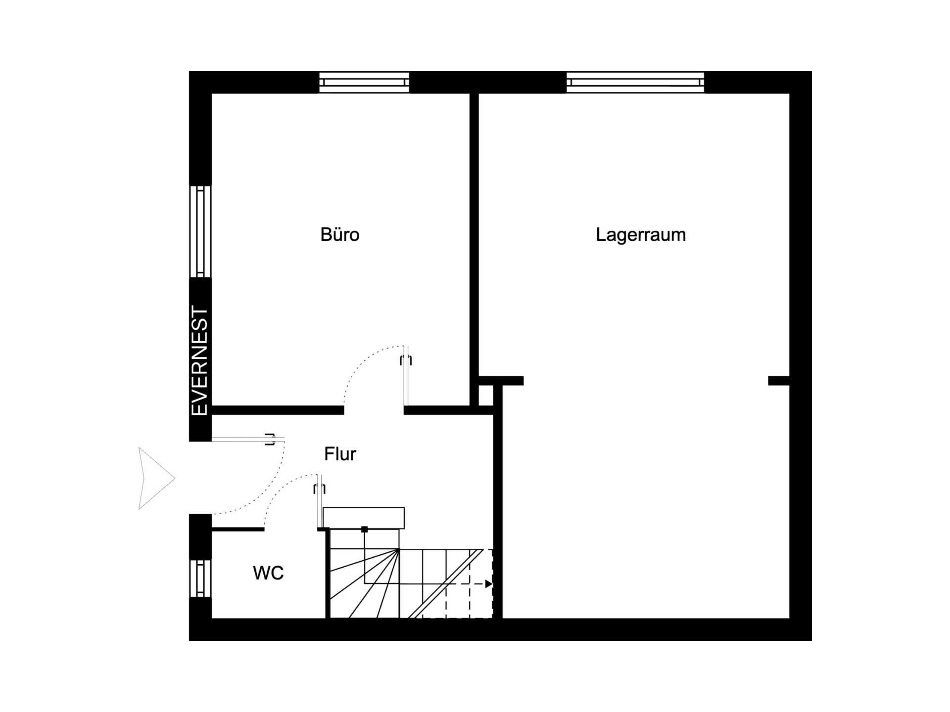 Grundriss mit Büro, Lagerraum, WC und Flur.