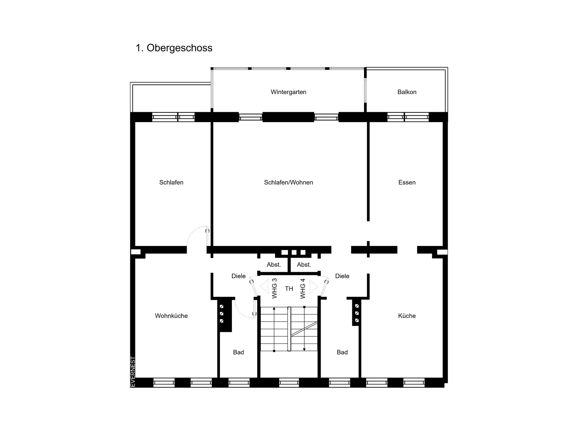 Grundriss des ersten Obergeschosses mit Schlafen, Wohnen, Küche, Essbereich, Wintergarten und Balkon.