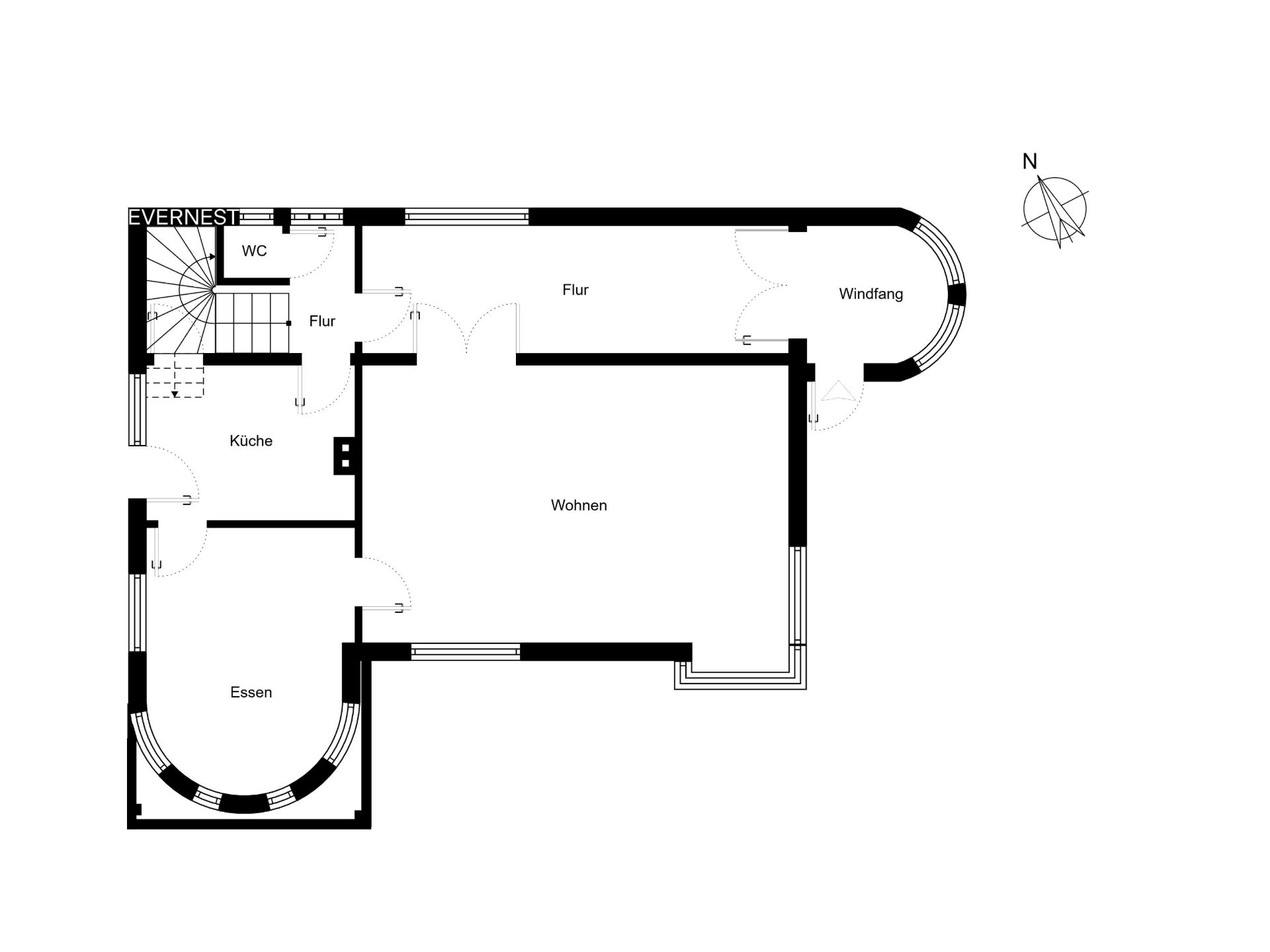 Grundriss eines Wohnbereichs mit Küche, Esszimmer, WC, Flur und Windfang.