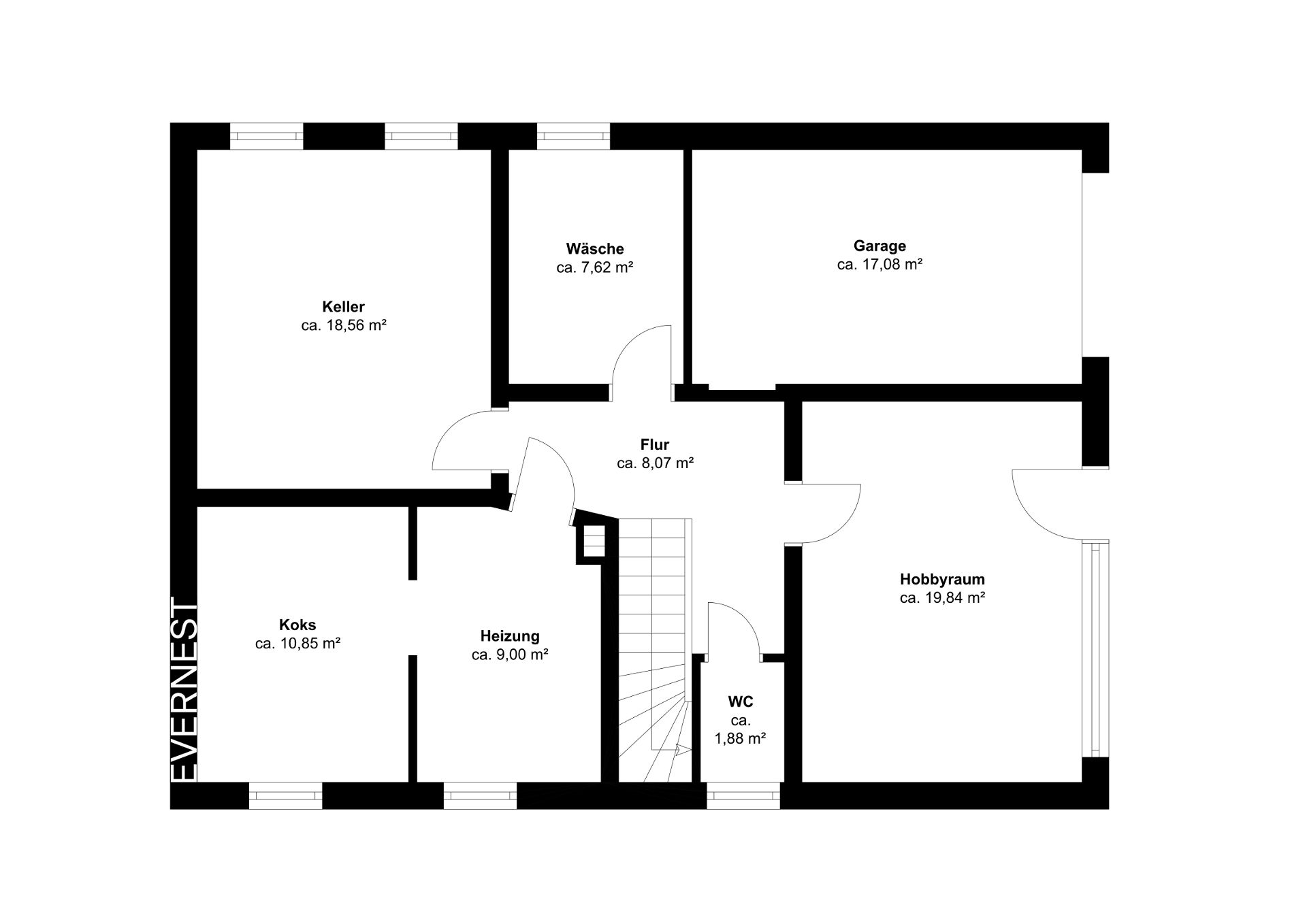Grundriss eines Untergeschosses mit Keller, Garage, Waschraum, Flur, WC, Heizraum, Koksraum und Hobbyraum.