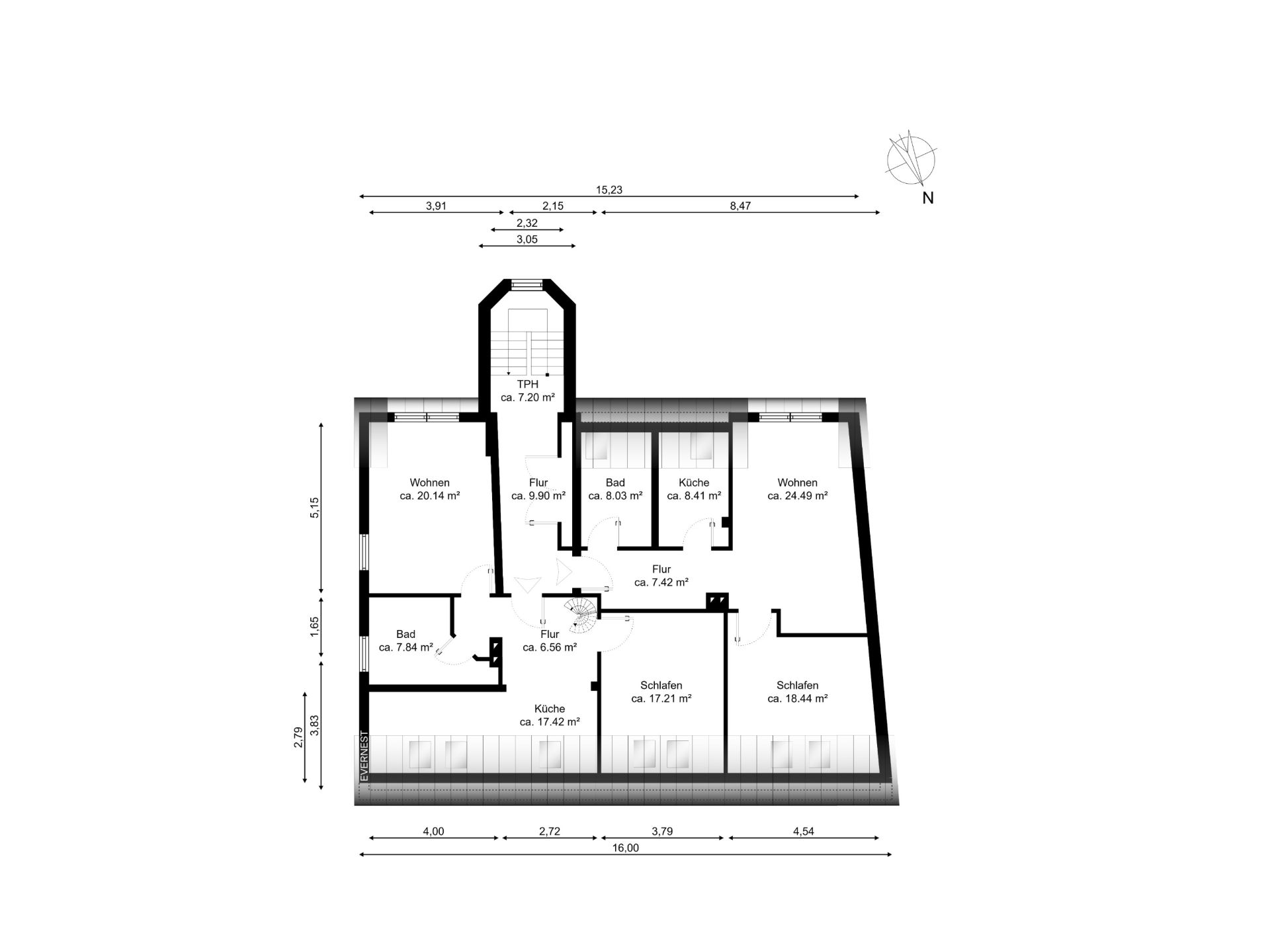 Grundriss einer Wohnung mit Wohn-, Schlaf-, Bade- und Küchenräumen, Fluren und Terrasse.