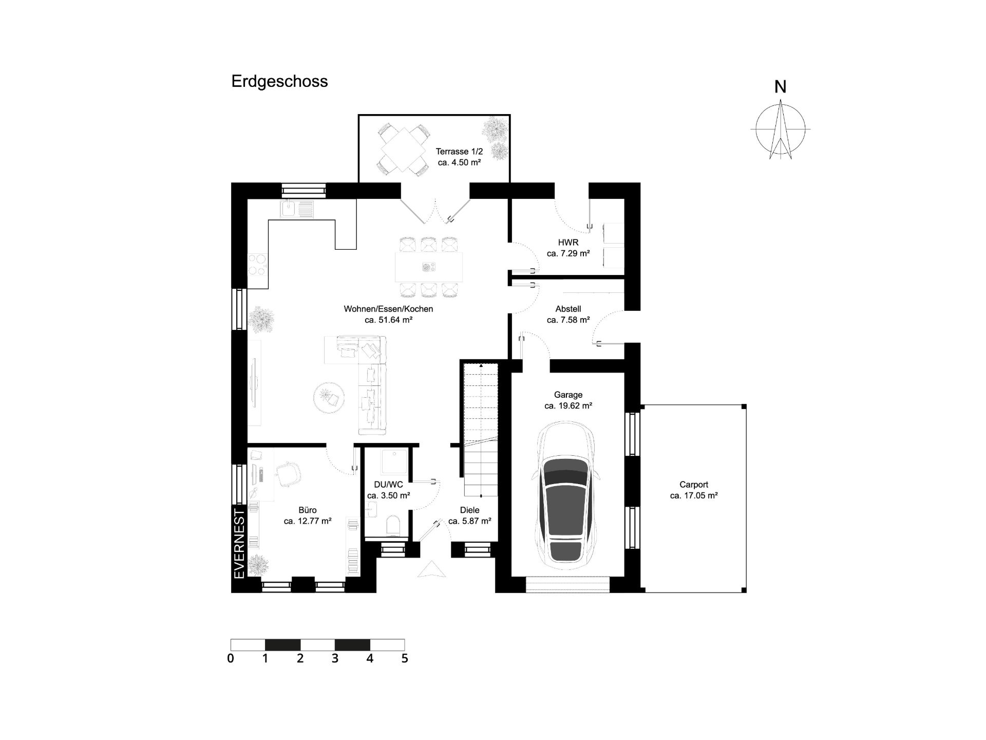 Grundriss des Erdgeschosses mit Garage, Büro, Wohnbereich, Küche und Terrasse.